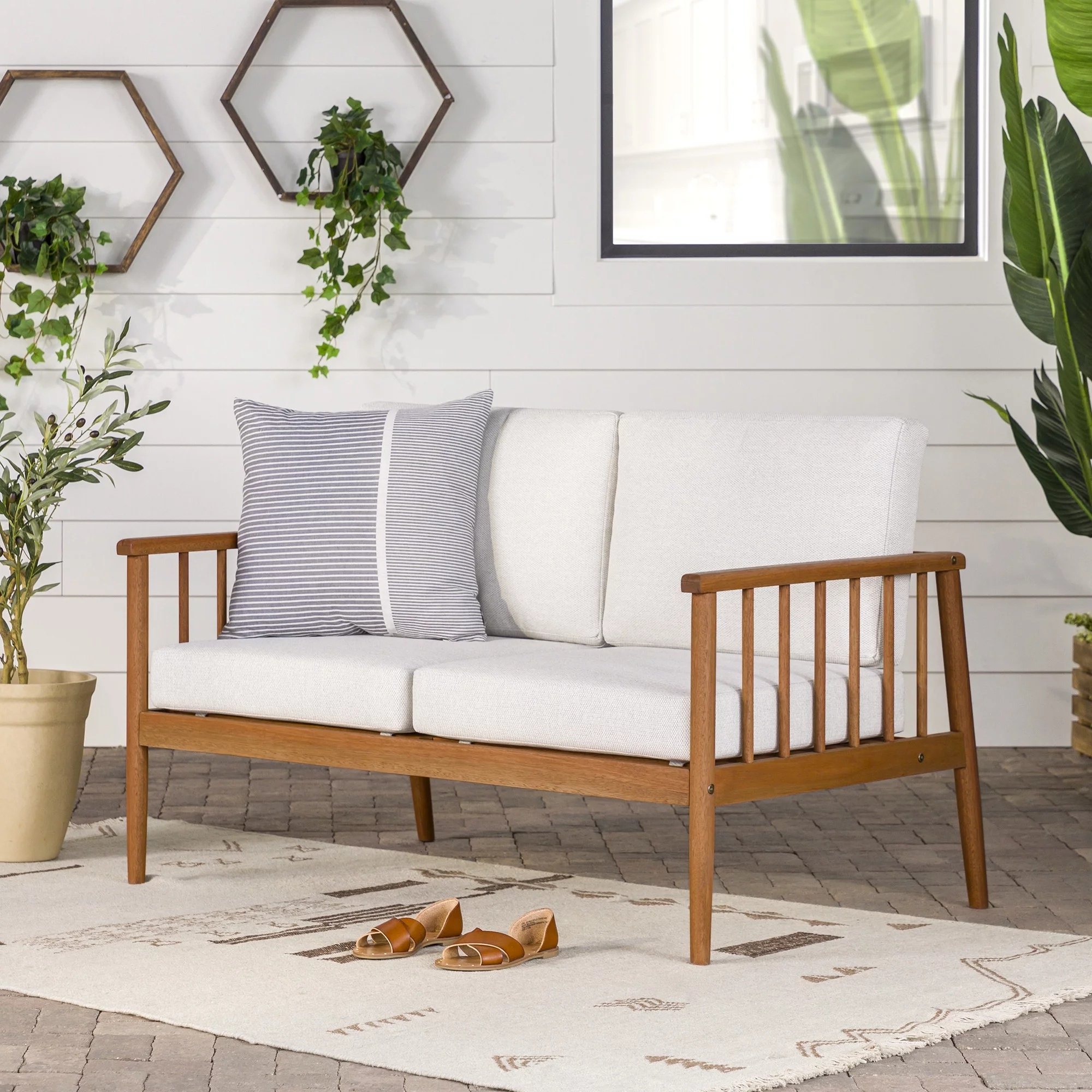 Walker Edison Modern Solid Eucalyptus Wood Slatted Outdoor Loveseat, Brown