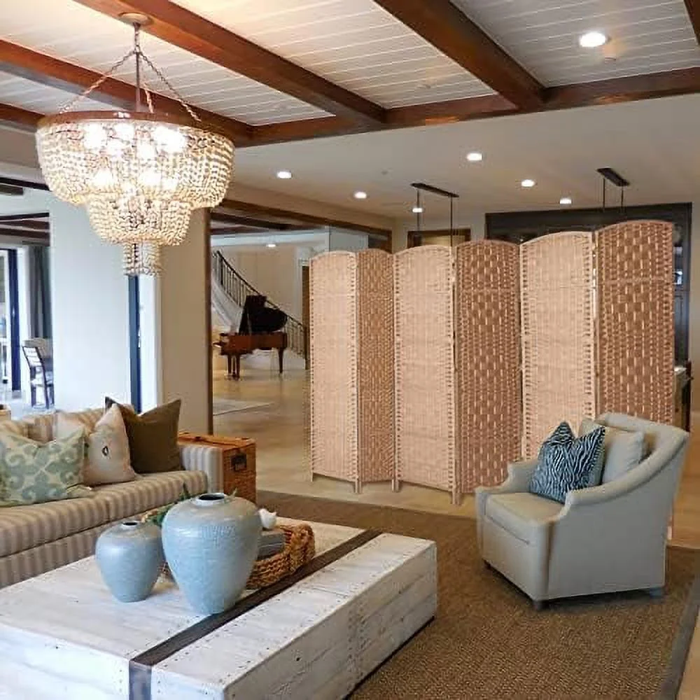 ZWNLKQG RHF 6 ft. Tall 16" Wide- Weave Fiber Room Divider Double Hinged 6 Panel Room Divider/Screen  Room Dividers and Folding Privacy Screens 6 Panel  Freestanding Room Dividers-Ligh