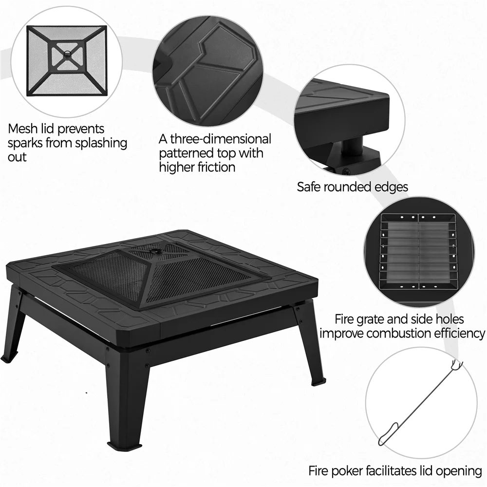 Topeakmart 32″ Patio Square Fire Pit with Rain Cover & Poker, Black