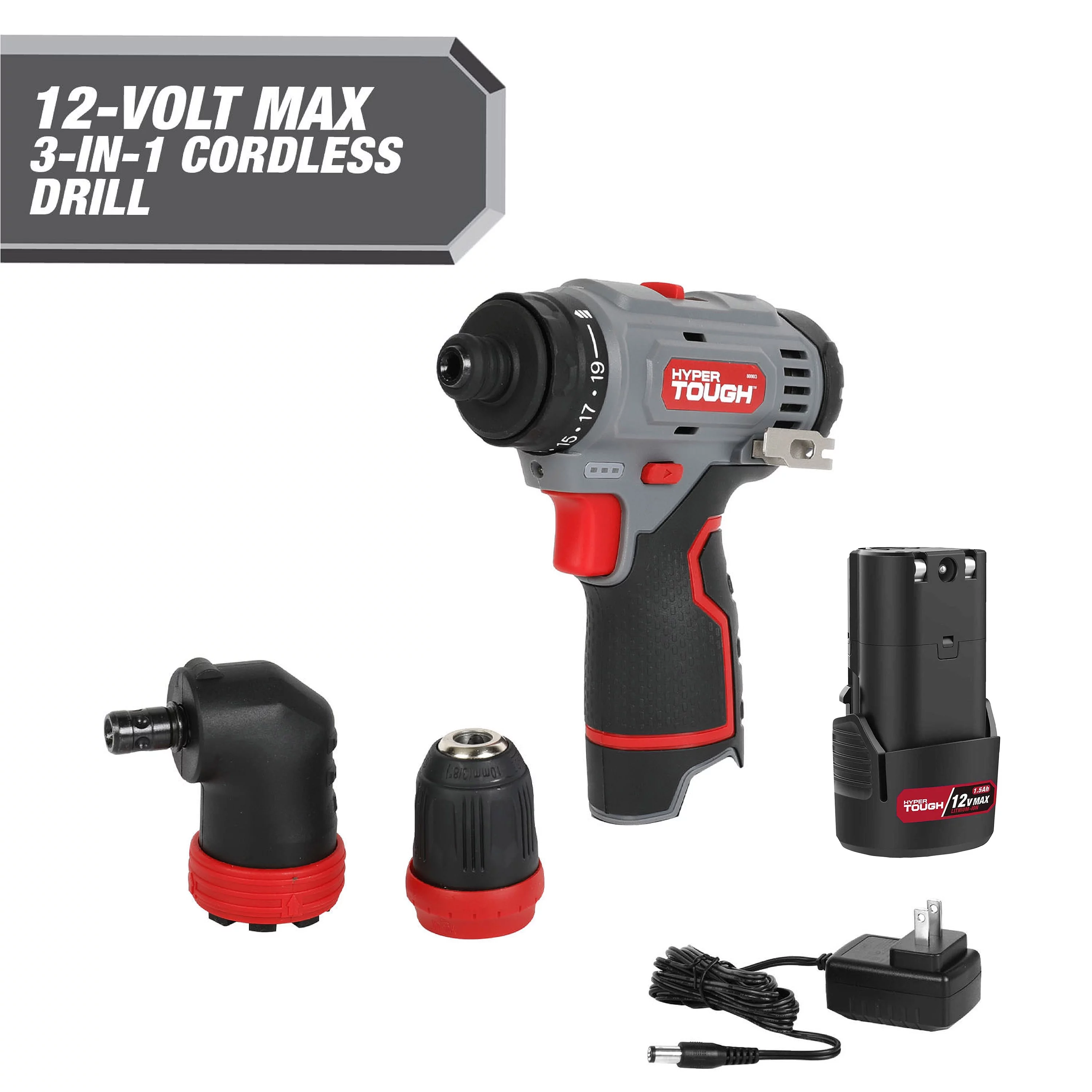Hyper Tough 12V Max Lithium-Ion 3-in-1 Multi-Head Power Drill Set with 1.5Ah Battery and Charger, 80003