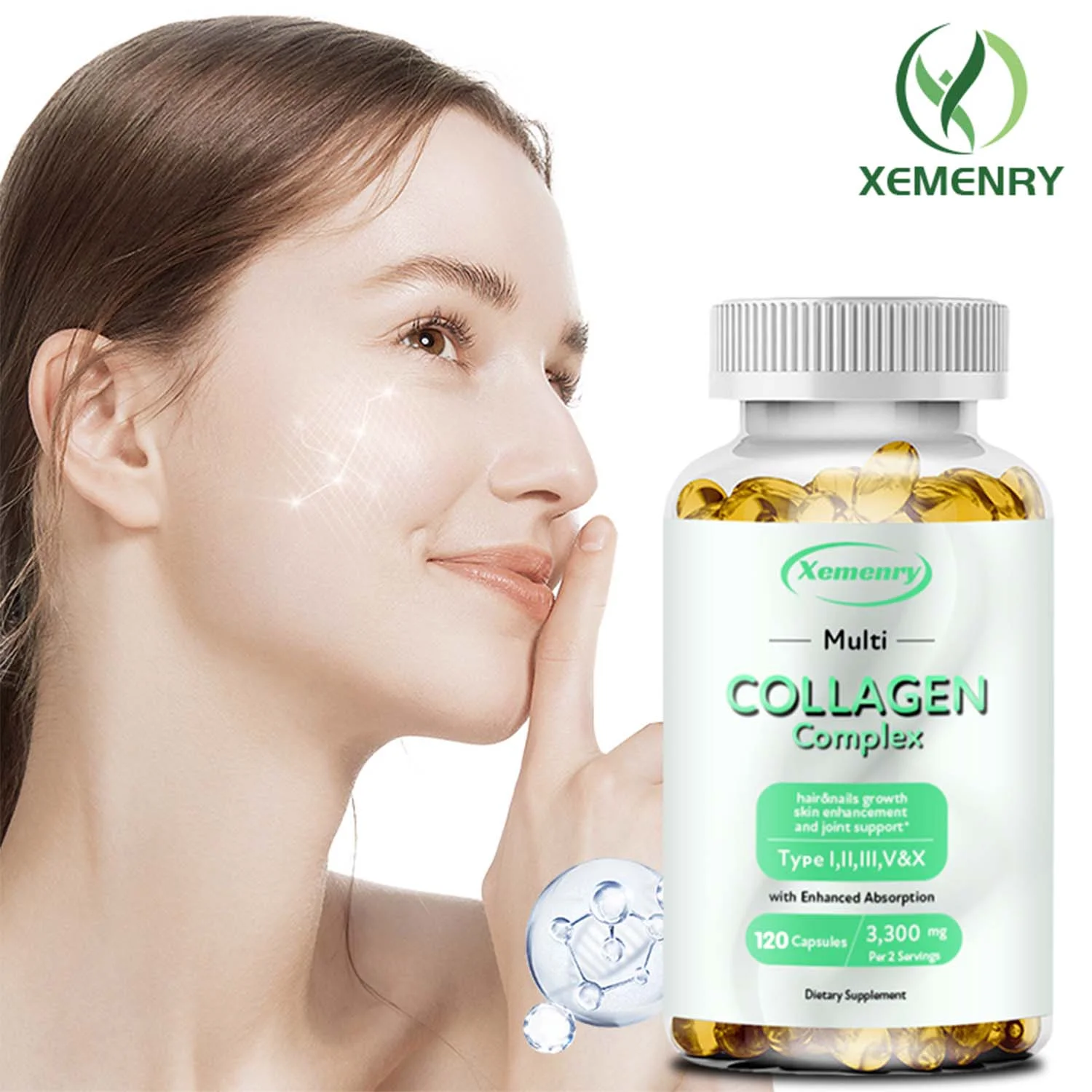 Xemenry Collagen Complex 3300mg-Type I, II, III, V, X -Hydrolyzed Collagen, Anti-Aging(30/60/120pcs)