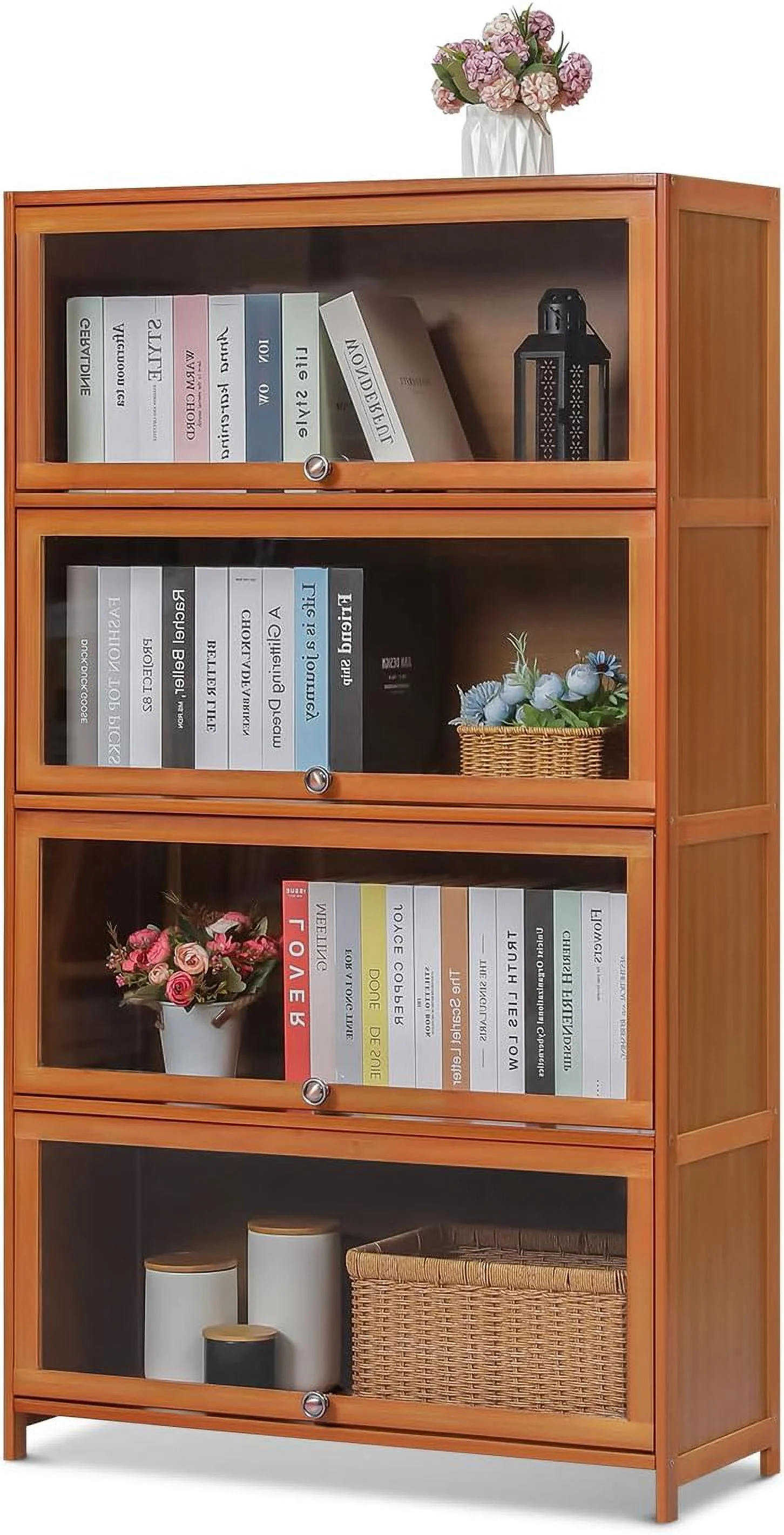Bamboo 4-Tier Display Case Bookcase with Clear Acrylic Flip-Up Doors  Wide Brown Kitchen Cabinet  Pantry Cabinet Showcase  Cabinet Organizer - 31" L x 12.5" W x 54.5" H