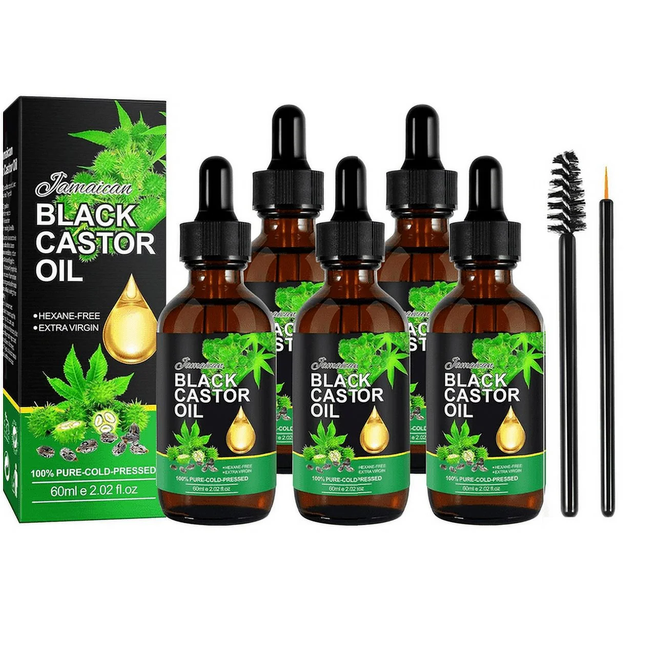 Jamaican Black Castor Oil for Hair Growth 60ml(2.02 fl.oz) Natural Moisturizer for Face, Body & Nails, Carrier Oil for Essential Oils and DIY Beauty - 5pack