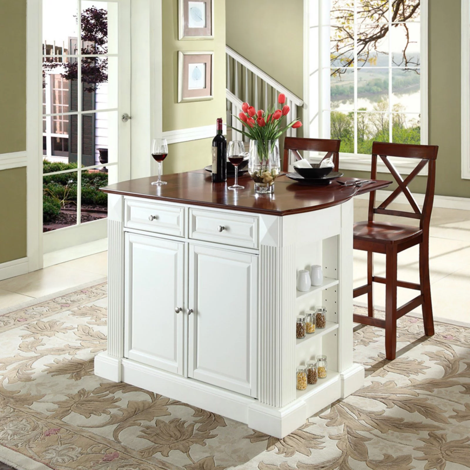 Crosley Coventry Drop Leaf Kitchen Island with X Back Stools in White