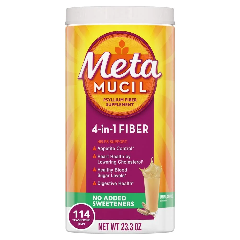 Metamucil, Daily Psyllium Husk Powder Supplement, Sugar-Free Powder, 4-in-1 Fiber for Digestive Health, No Added Sweetener, 114 teaspoons