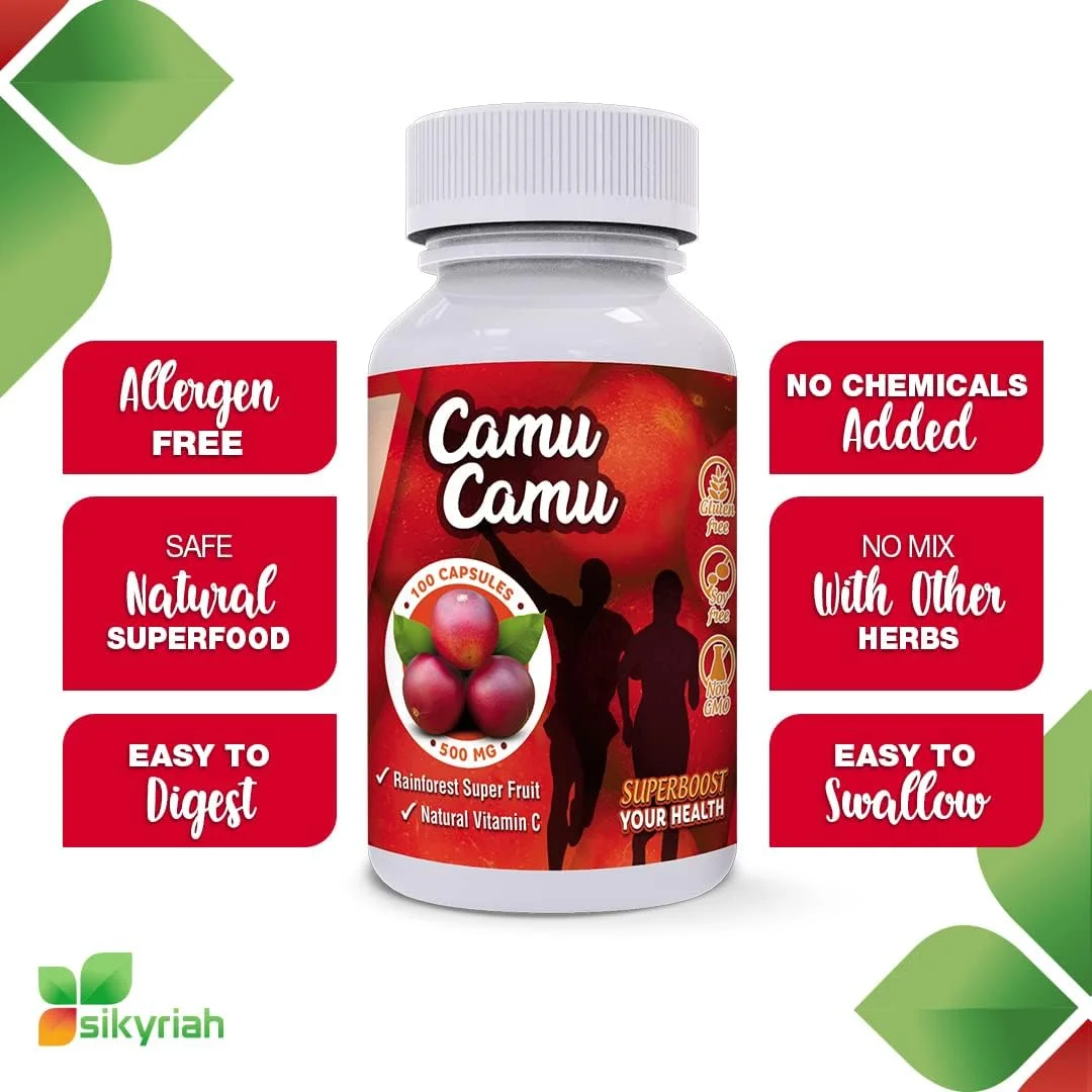 Sikyriah Camu Camu Capsules - Pure Peruvian Vitamin C Fruit - Antioxidant - 1000 mg per dose - 100% Pure Camu Camu Powder - Non GMO - Gluten Free