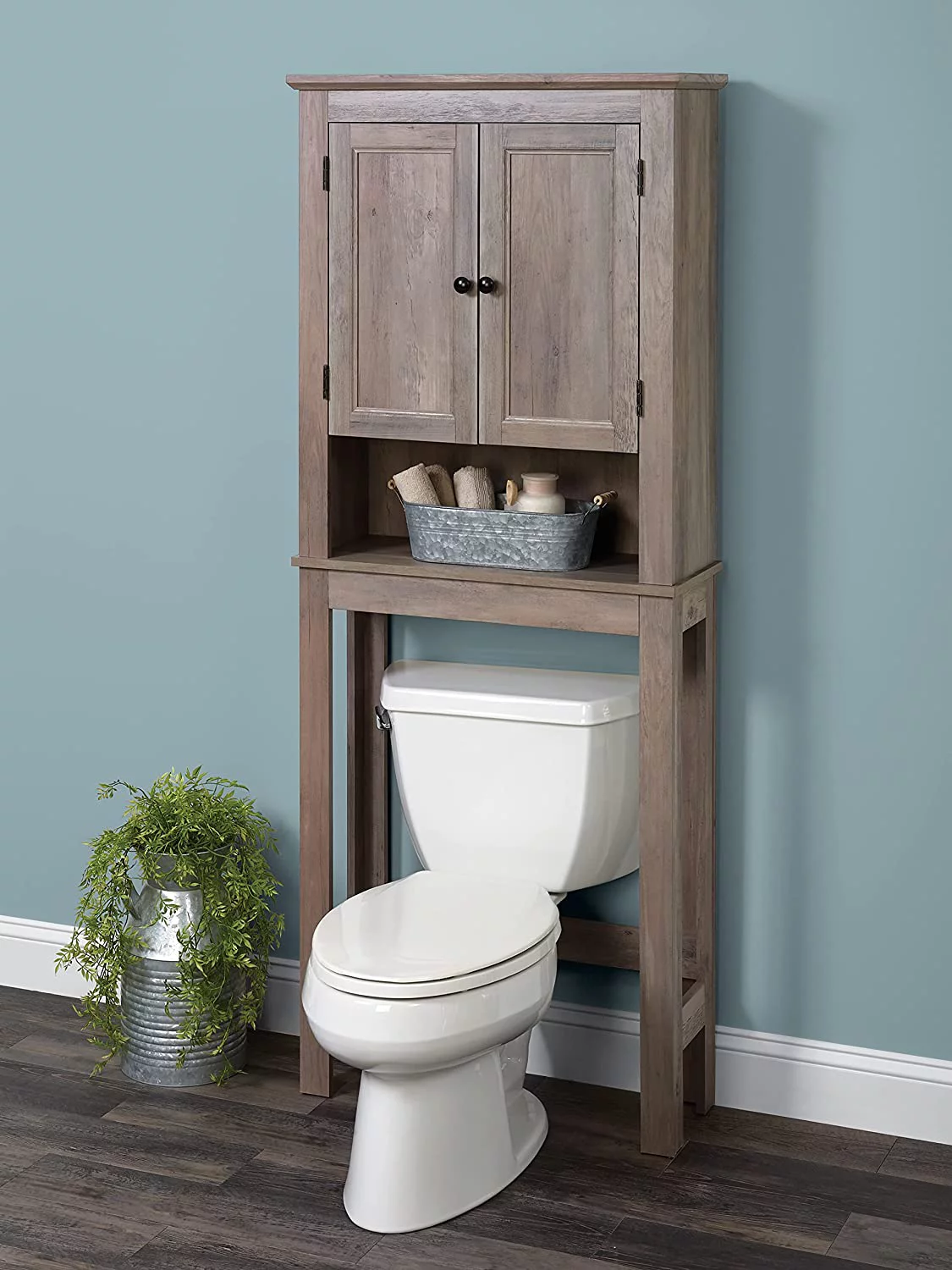 YILAN Custom Suite Over The Toilet Storage, 2-Door Bathroom Spacesaver, Cabinet with 3 Tiers of Storage, Distressed Gray