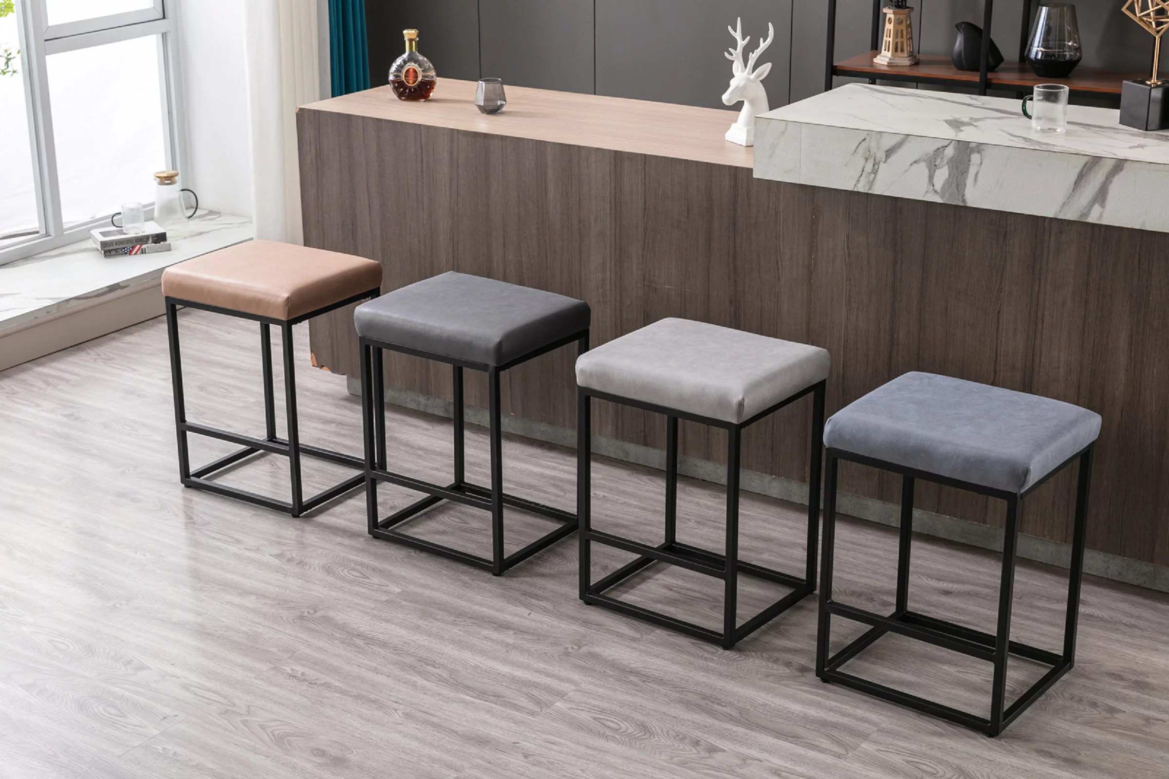 Modern Counter Height Bar Stools 24” Leathaire Fabric Upholstered with Metal Frame Farmhouse Kitchen Bar Chairs(Blue,Set of 4)