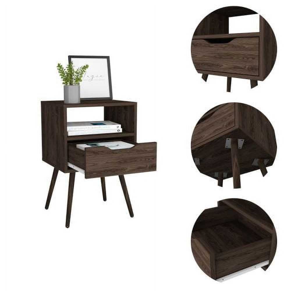 ZJbiubiuHome Otom Nightstand    Top  One Open   One Drawer  Four Legs -Dark Walnut