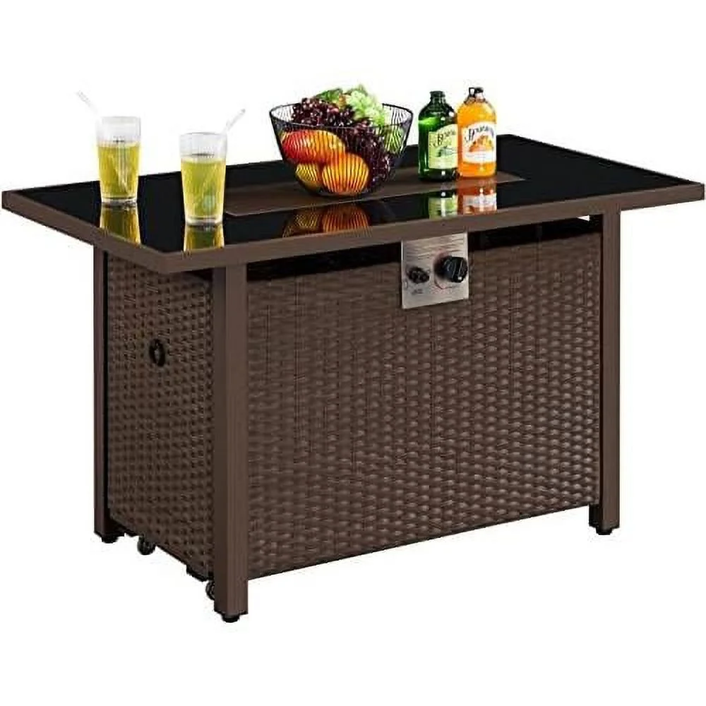 43 Inch Propane Table 50,000 BTU Wicker Gas With Lid, Tempered Glass , Fire Glass And Rain Cover, Outdoor Gas Fire Table For Patio Deck, Outside Heating, Brown