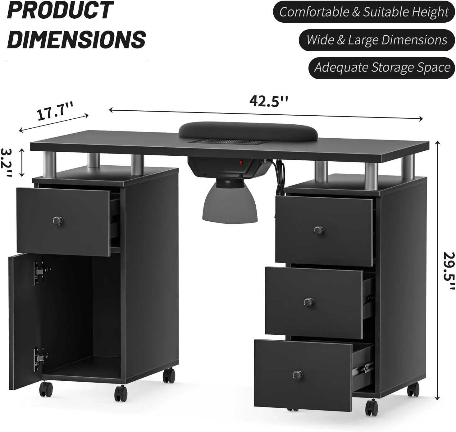 Electric Downdraft Vent Nail Table for Nail Tech Desk Acetone Resistant Nail Tech Table on Wheels with Soft Arm Rest (Electric Black)
