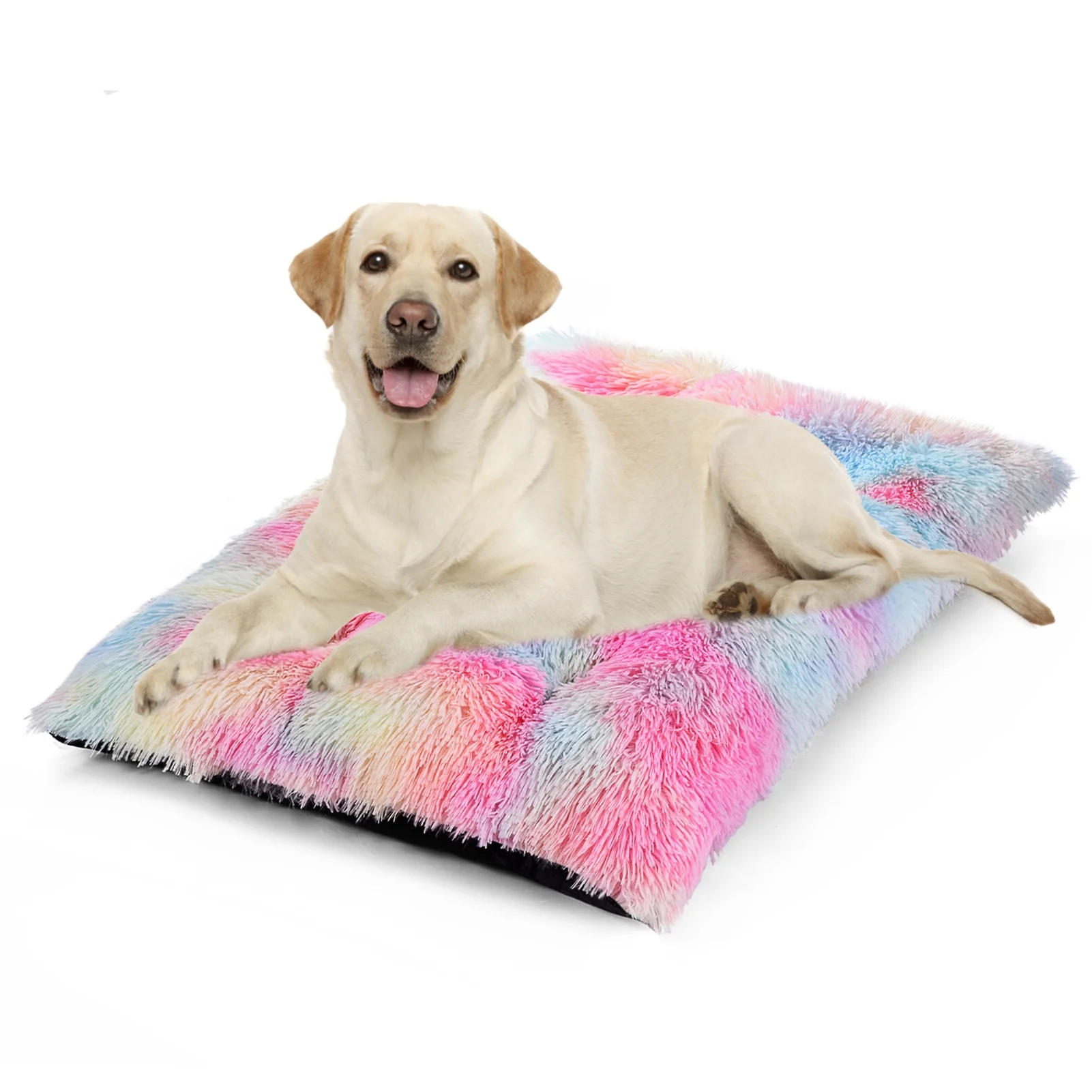 Reyox Large Dog Bed, 35 x 23 inch Fluffy Plush Dog Cage Bed, Washable Dog Mat with Non-Slip Bottom for Large and Medium Dogs,Rainbow