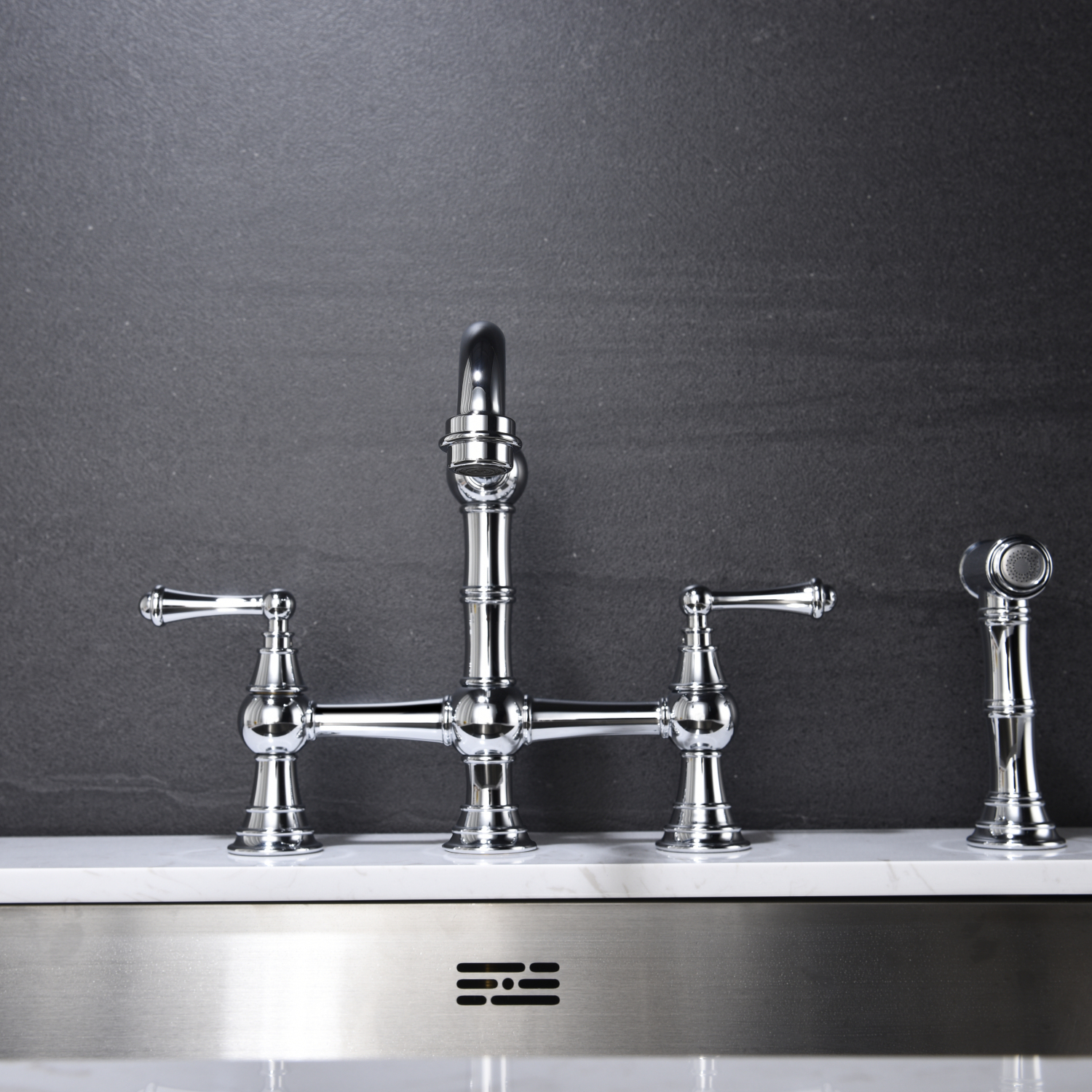 DremFaryoyo Bridge Dual Handles Kitchen Faucet With Pull-Out Side Spray in