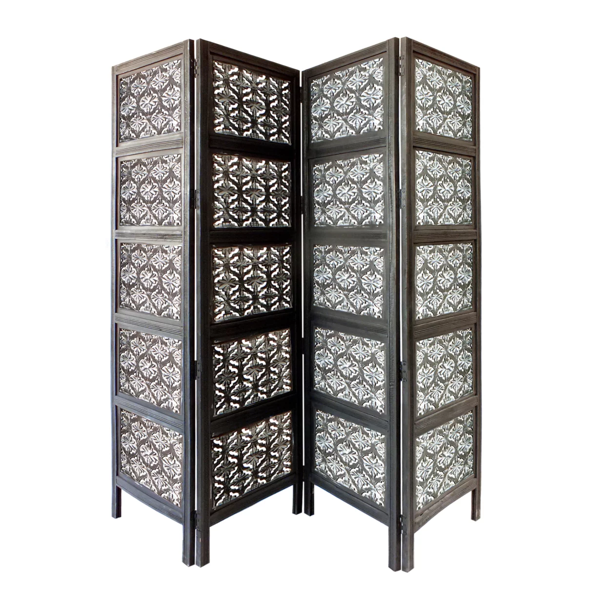 Four Panel Mango Wood Room Divider with Traditional Carvings, Black and White- Saltoro Sherpi