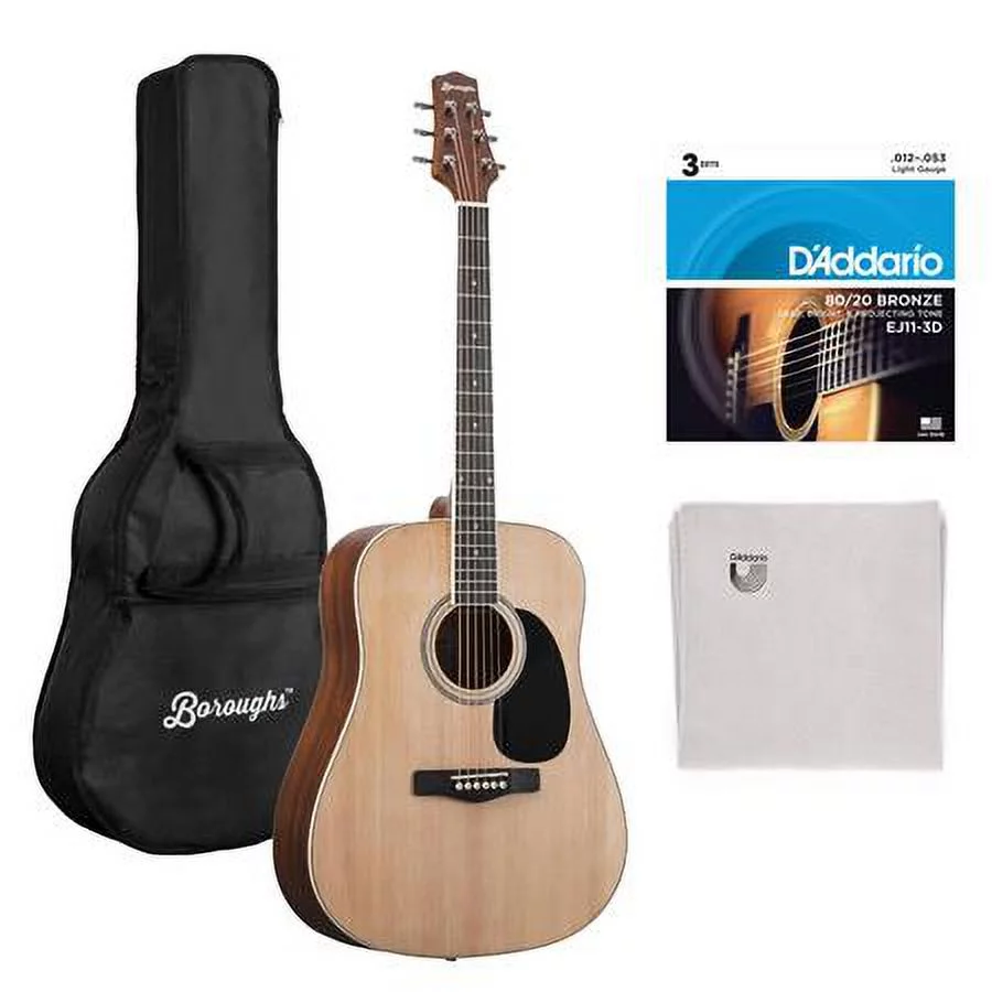 B30DNT Dreadnought Acoustic Guitar, Natural Bundle with Gig Bag, Micro-Fiber Cloth, 3-Pack Strings