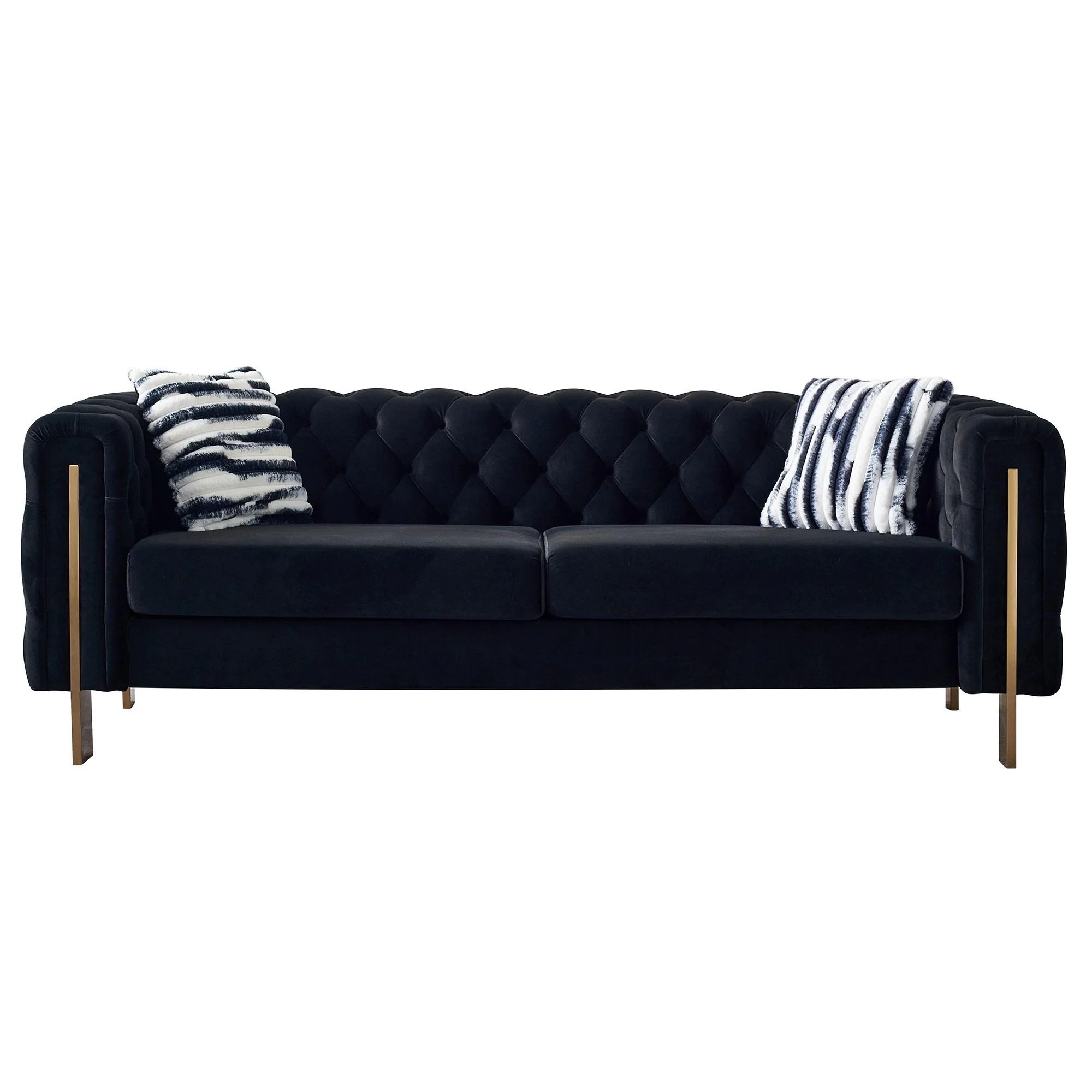 Gewnee Chesterfield Velvet Sofa,Button Tufted 3 Seater Sofa Couch with Metal Legs&Two Pillows,Black