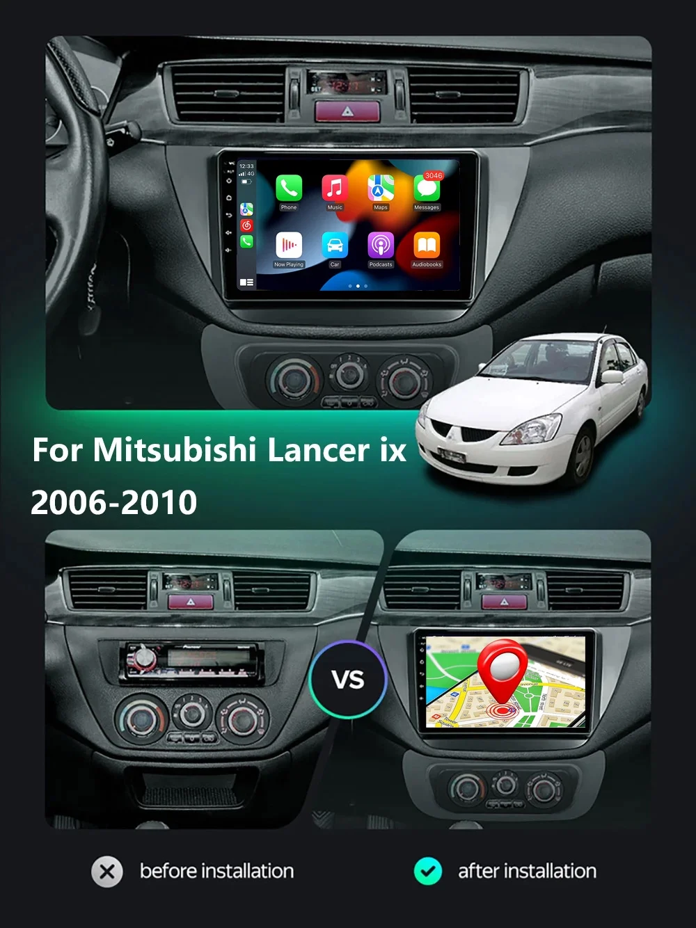 RoverOne Car Stereo CarPlay Android Auto for Mitsubishi Lancer 9 CS 2000 - 2010 GPS Navigation Bluetooth DSP Touch Screen Multimedia Video Player