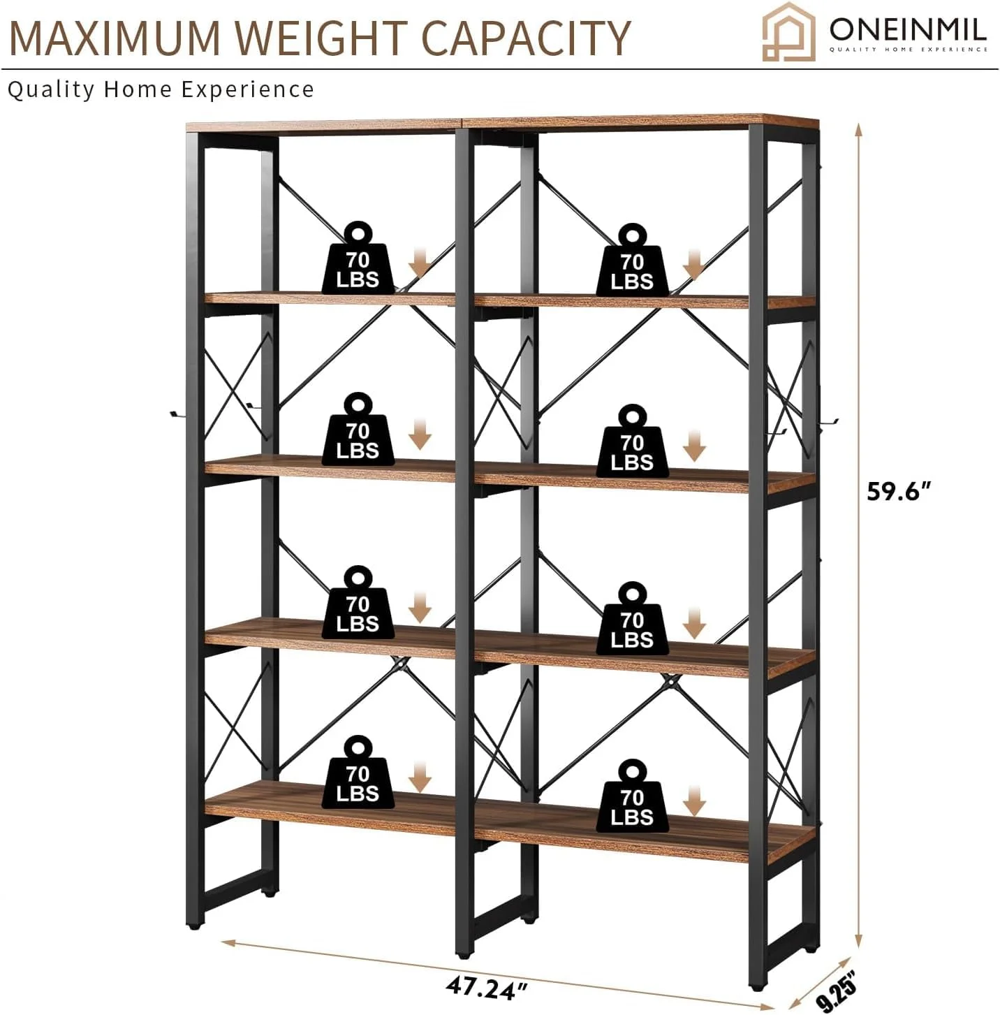 YiSHOP Double Wide 5-Tier Bookcase, Industrial Bookshelf with Metal Frame, Open Large Book Shelf, Wood and Tall Display Shelves for Home and Office, Rustic Brown and Black