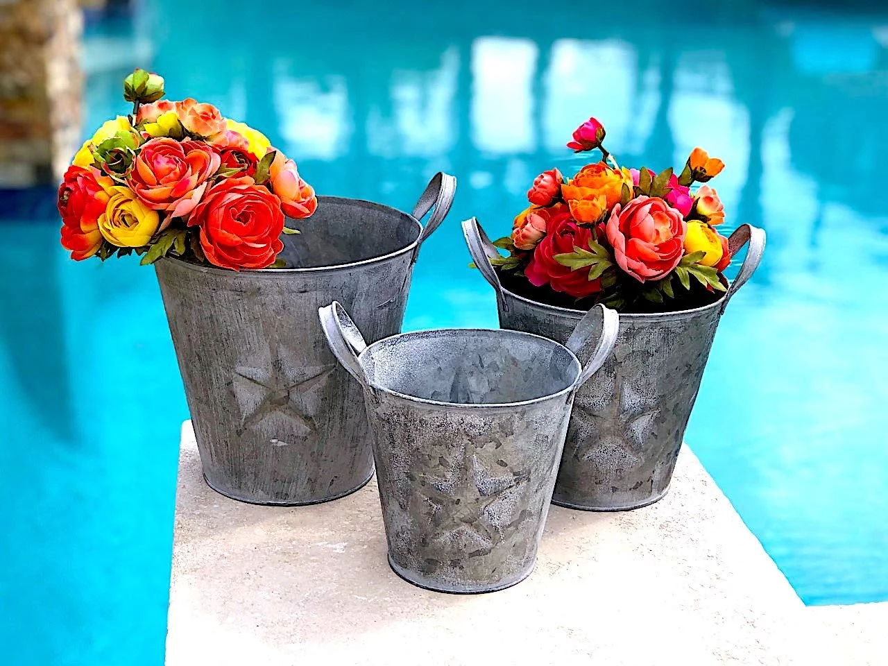 S/3 Metal Buckets Planters With Handles Tarnished Silver Lone Star Design Decorative Distressed Rustic Bathroom Garden Utility Organizer Indoor Outdoor