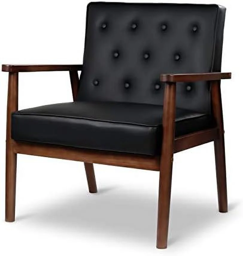 ZFGSUIJN Mid-Century Retro Modern Solid Wood Armrest Accent Chair  Faux Leather Tufted Back Upholstered Lounge Chairs  Living Room  (Black 8325)