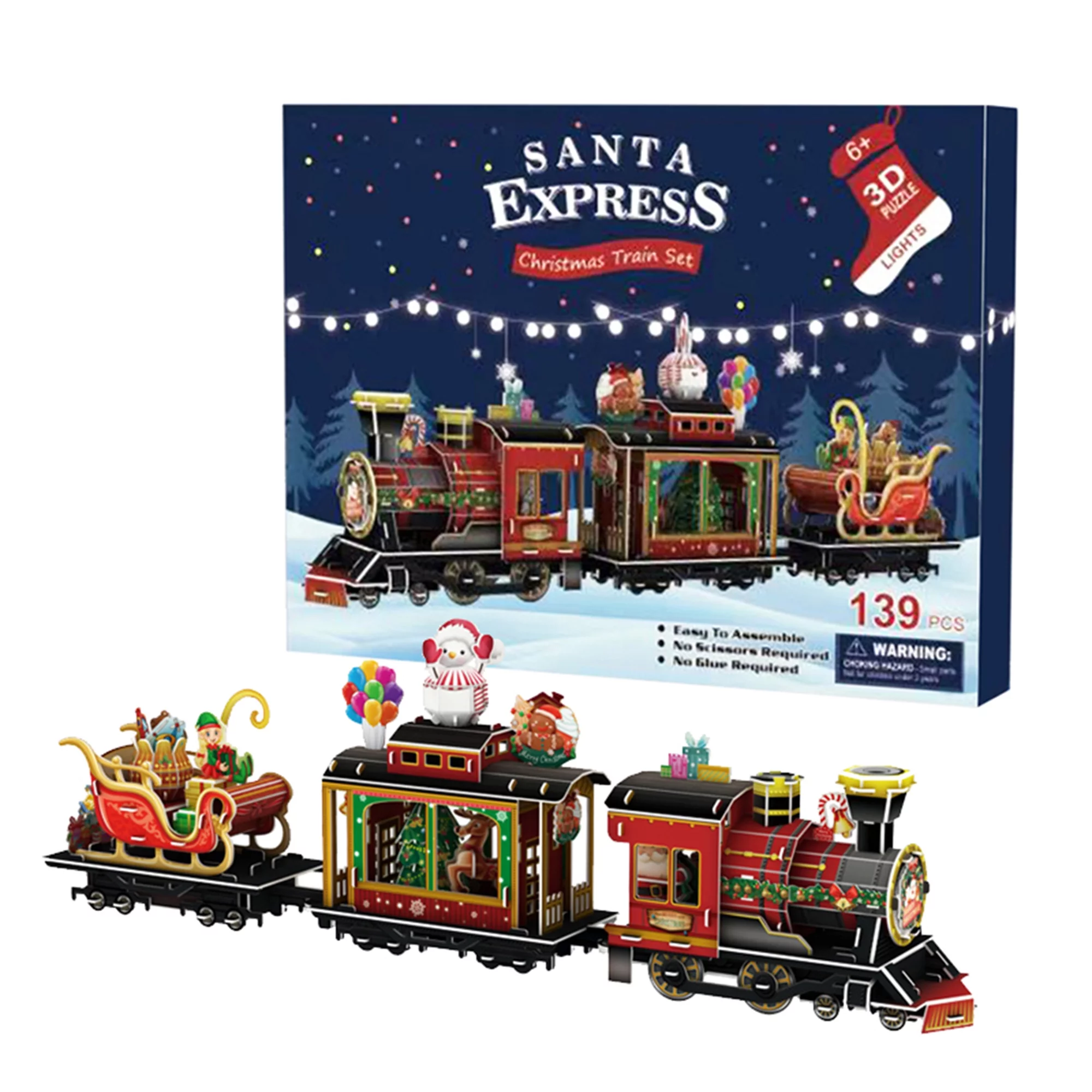 ELF Christmas 3D Puzzles Classic Train Model Puzzles with LED Lights Brain Challenge Toys for Adults Kids