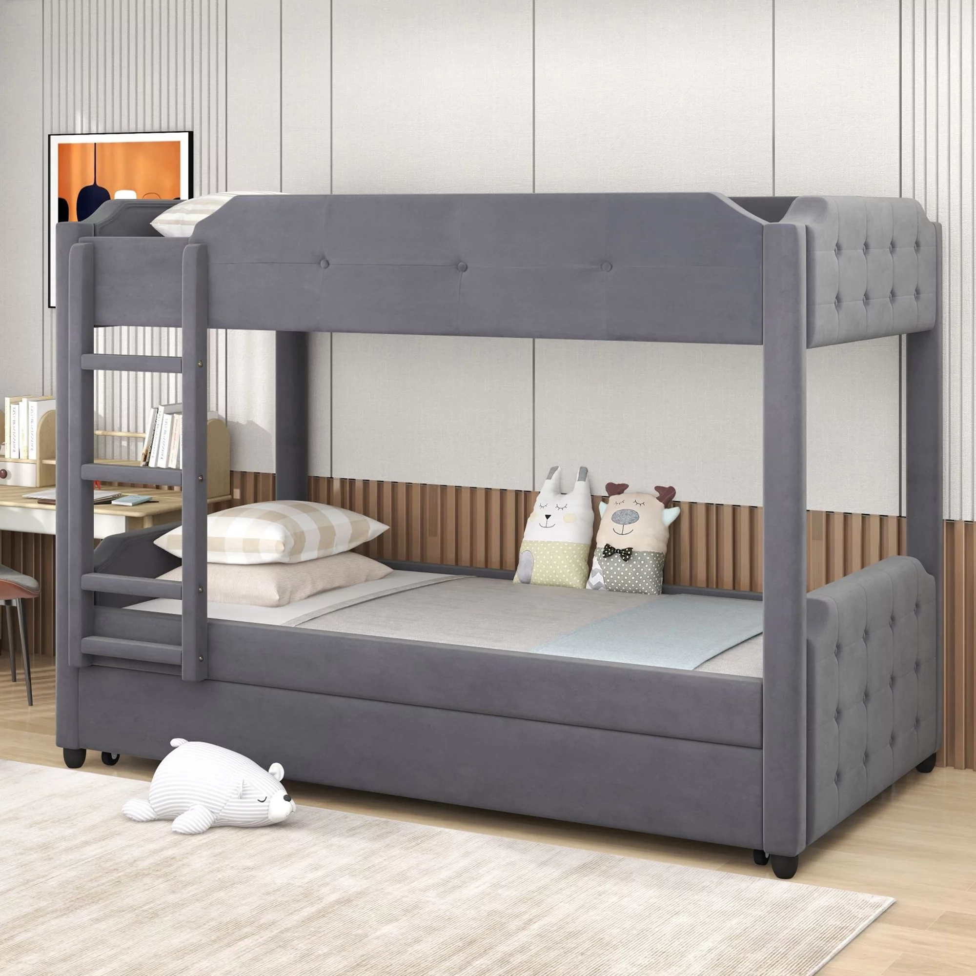 EUROCO Twin over Twin Upholstered Bunk Bed with Trundle, Gray