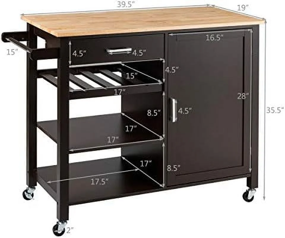 HYHBIBOOM Rolling Kitchen Trolley Cart  Utility Kitchen Cart with Rubber Wood Top  Towel Rack and Lockable Wheels  Rolling Kitchen Island Cart Trolley  Cabinet Towel Rack Drawer Shelves