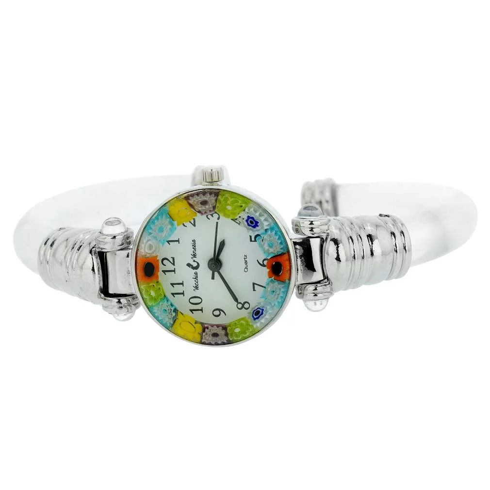 GlassOfVenice Murano Glass Millefiori Bangle Watch - Silver Clear Multicolor