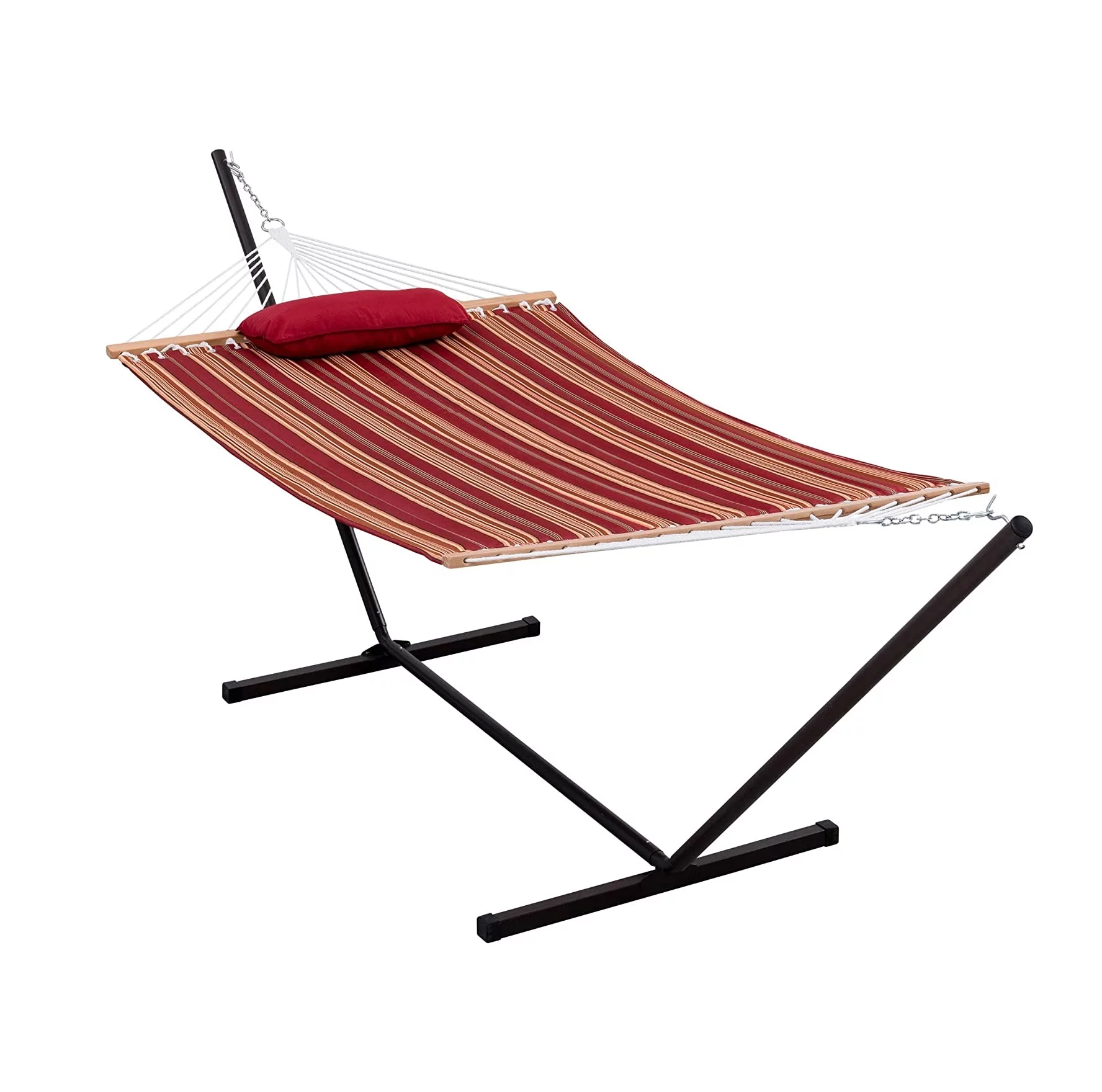 Lazy Daze Hammocks 12 Feet Steel Hammock Stand with Quilted Fabric Hammock Combo and Pillow, Red&Brown Stripe
