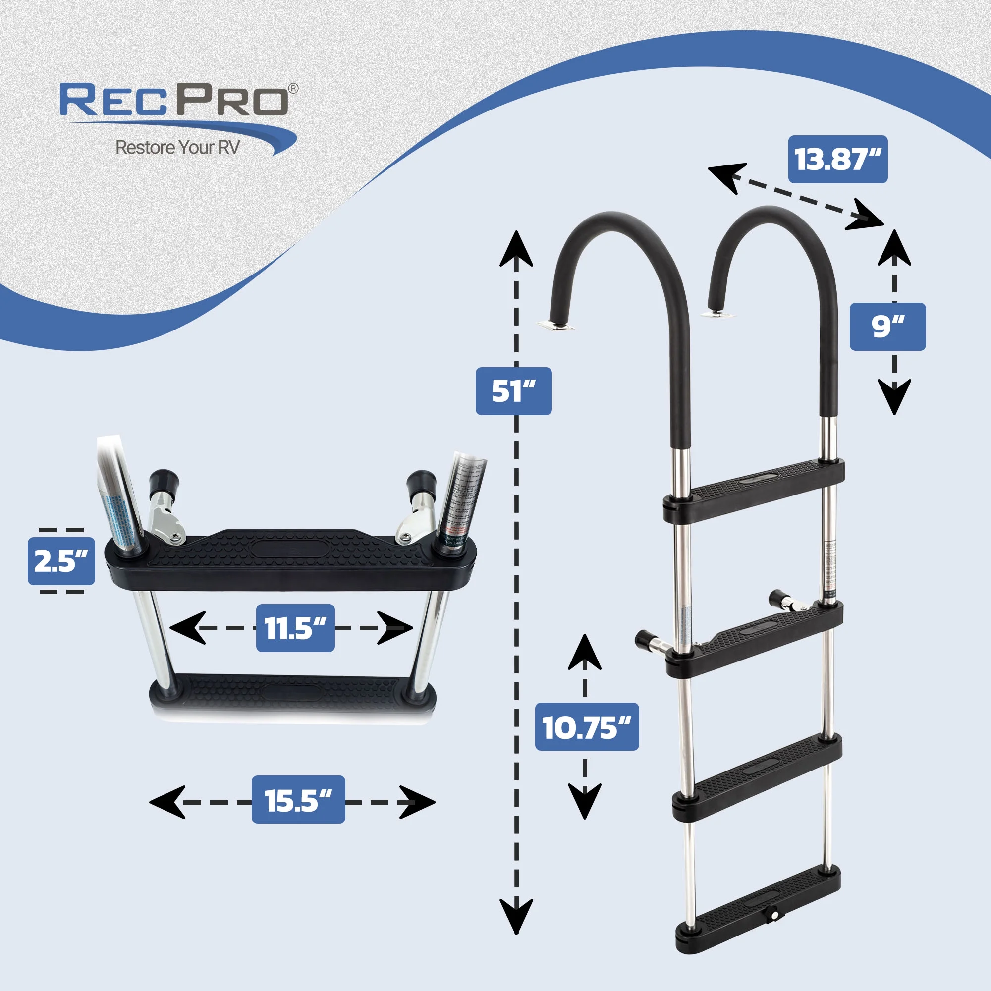 RecPro Stainless Steel Heavy Duty 4 Step Pontoon Boat Boarding Ladder