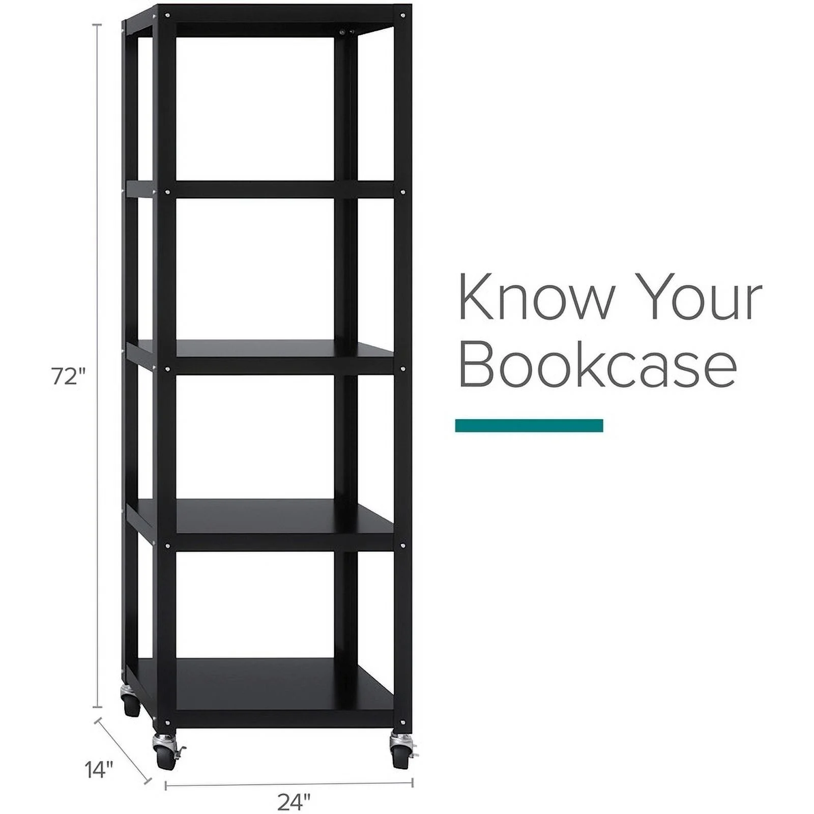 Pemberly Row 5-Shelf Steel Metal High Mobile Bookcase in Black