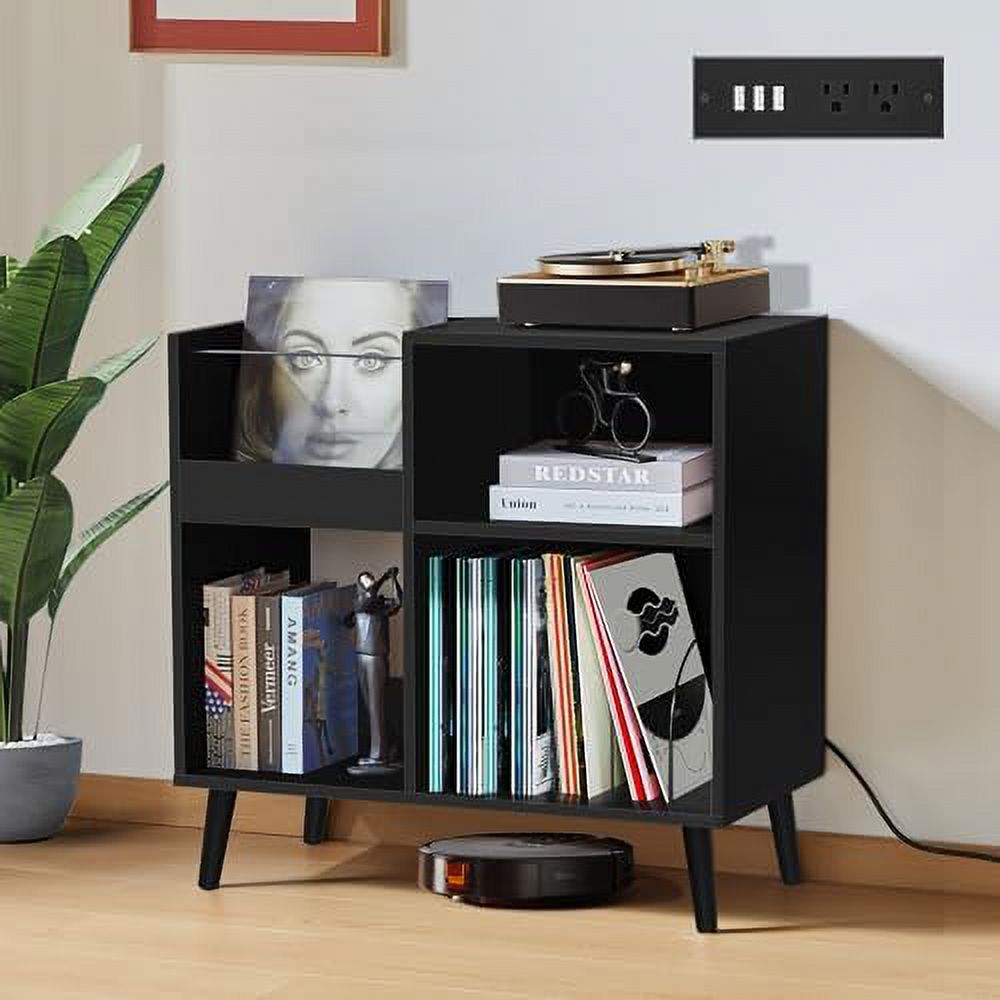 YPZBLDV Mid-Century Vinyl  Cabinet  with Solid Wood Legs  Turntable Stand with Power Outlet Holds up to 200 Albums  Record Player Holder Display   End  for Bedroom Living Room