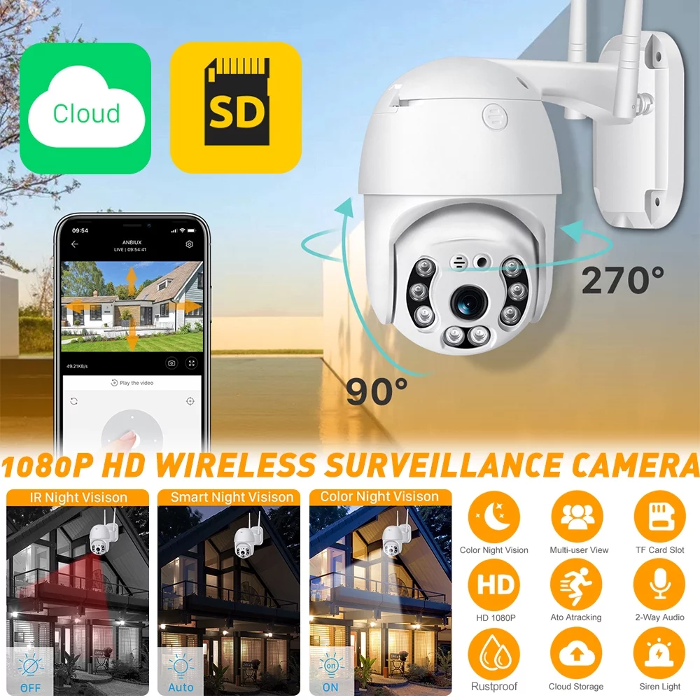 Security Cameras Wireless Outdoor, 360° Outdoor PTZ Home Security Cameras, WiFi PTZ Camera Home Security Camera, Color Night Vision, Siren & Spotlight, AI Motion Detection, 2.4 GHz WiFi