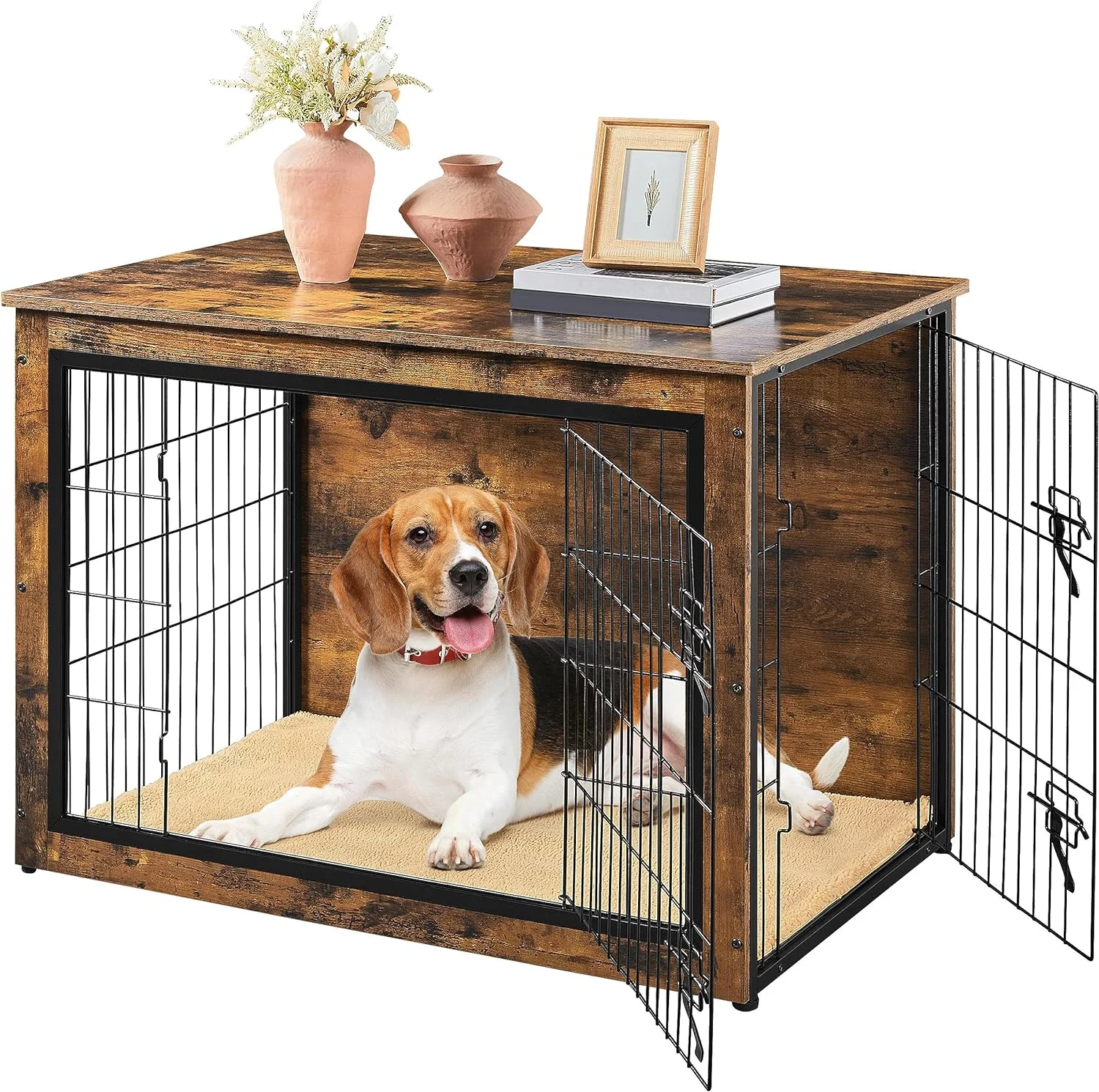40'' Dog Crate Furniture with Cushion Wooden Dog Crate with Double Doors/Adjustable Feet Side End Table for Small/Medium Dogs, 40
