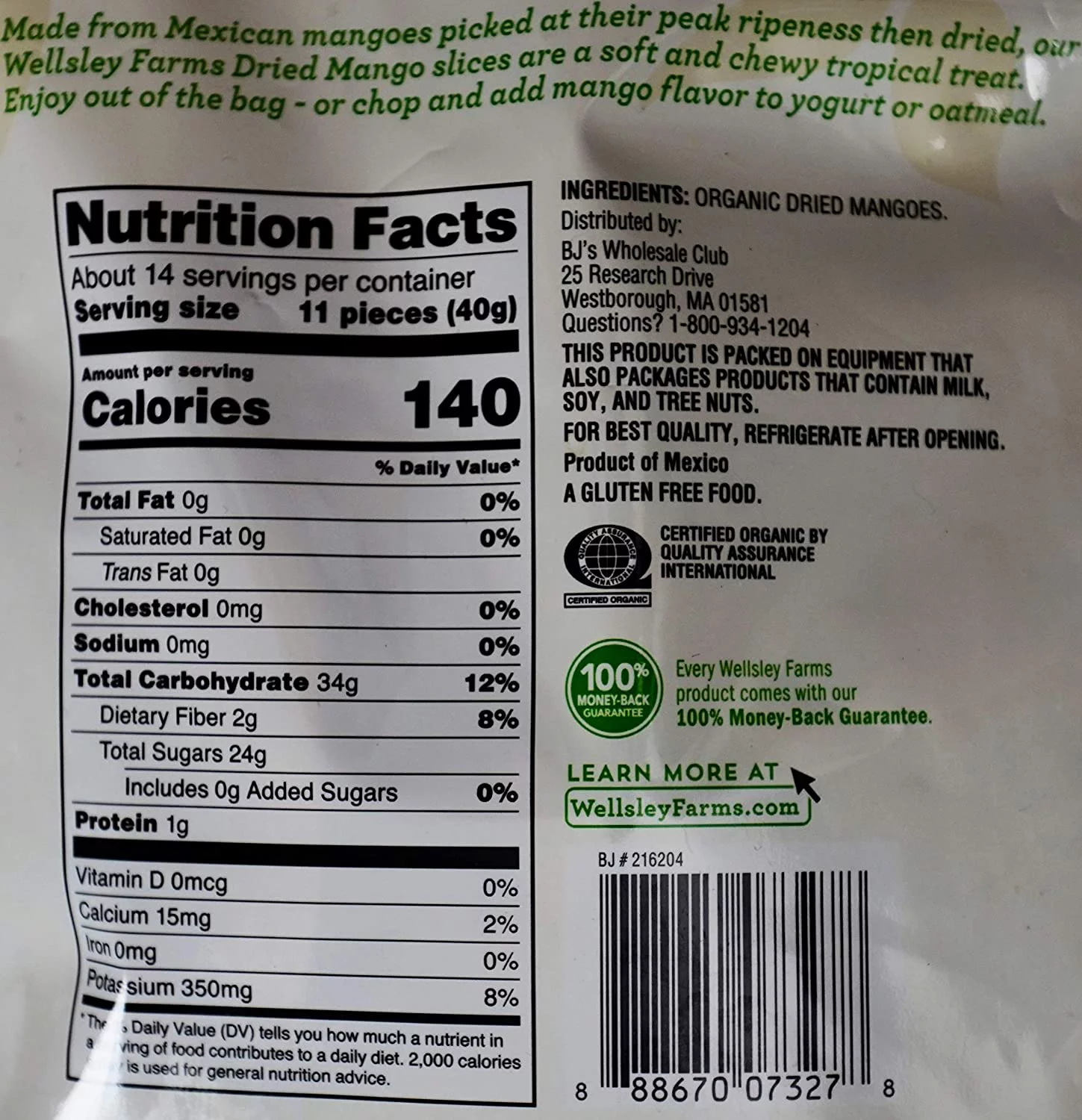 Wellsley Farms Organic Dried Mango, 20 oz.