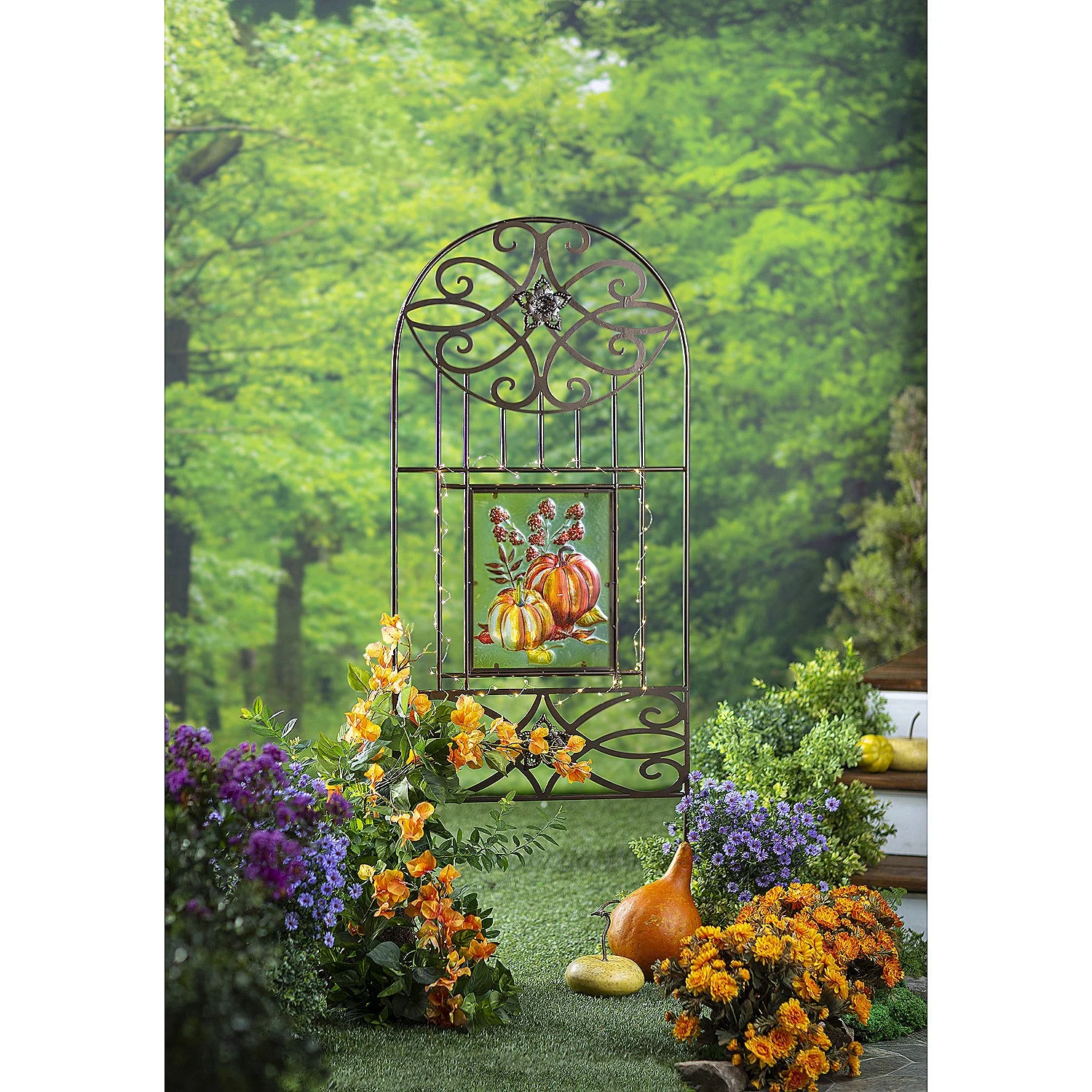Four Seasons Metal Trellis with Four Painted Glass Inserts and Solar-Powered String Lights