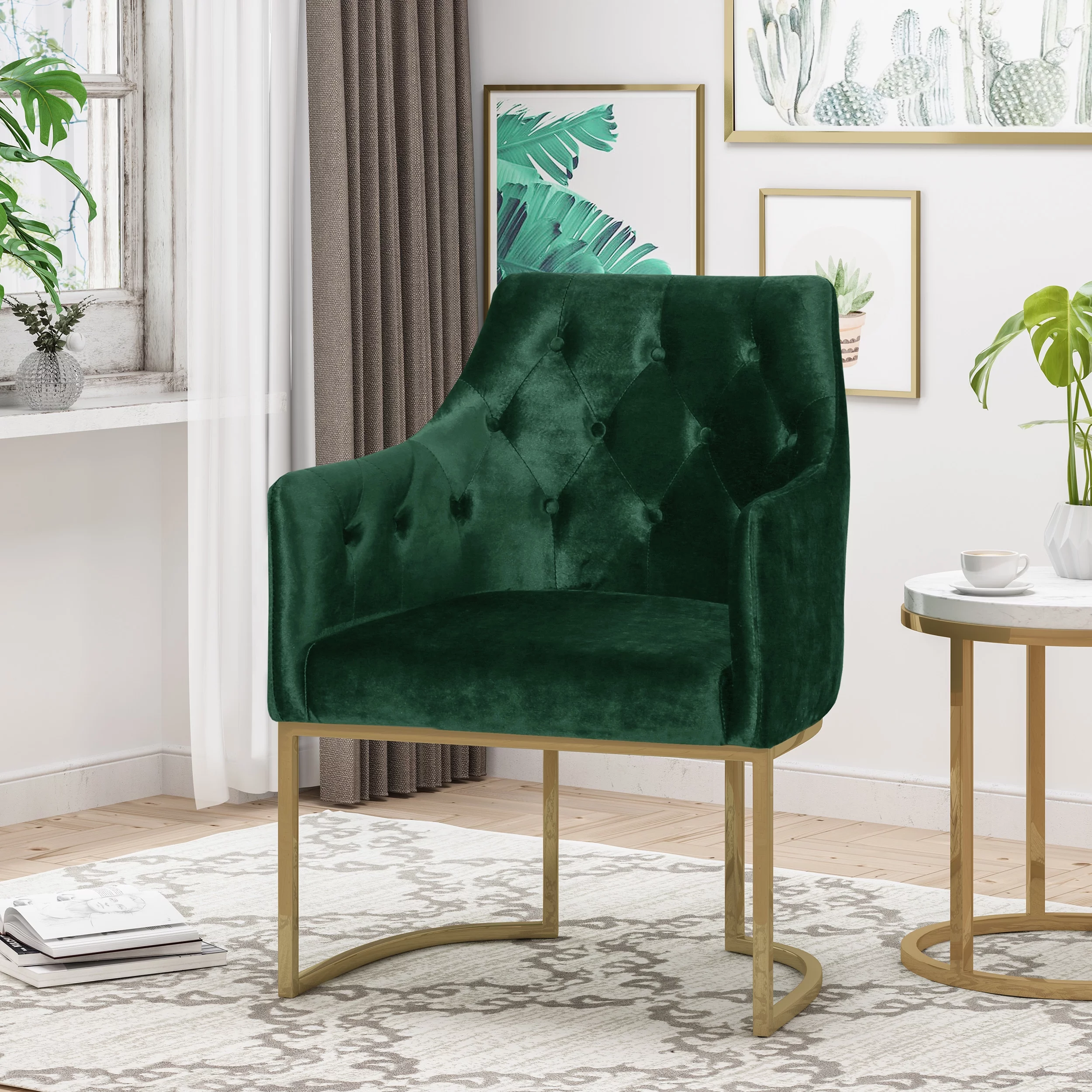 GDF Studio Emerton Modern Glam Velvet Tufted Accent Chair, Emerald and Gold