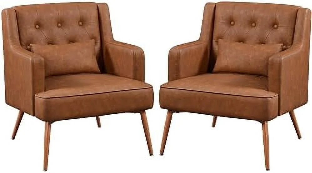 ZWNLKQG Accent Chair  Living Room Chair Mid Century PU Leather Armchair Lumbar Pillow  Comfy Upholstered Reading Chair Wood Leg Bedroom Brown 2PCS