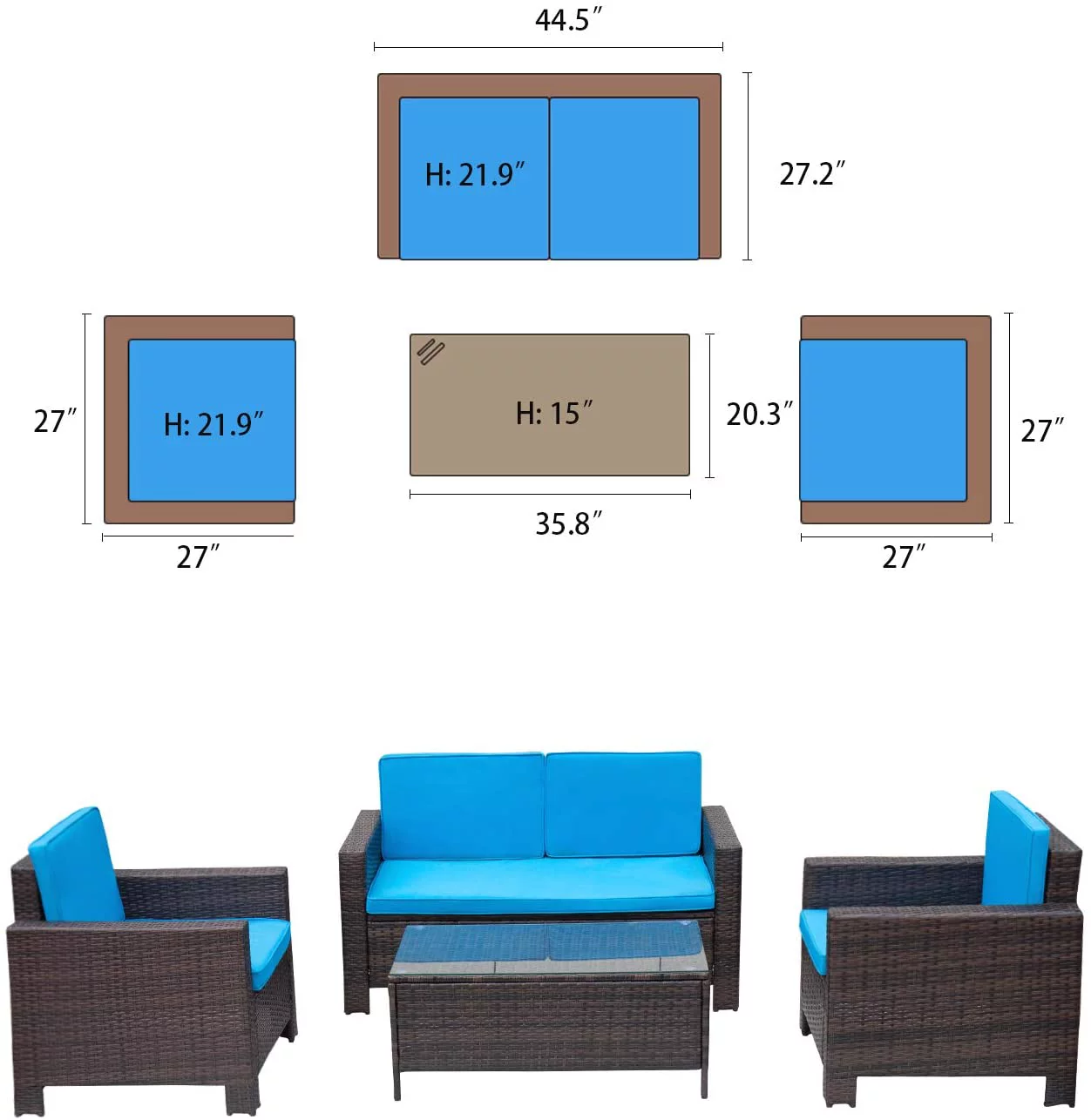 Vineego 4-Piece Wicker Outdoor Patio Conversation Set with Cushions, Brown/Blue