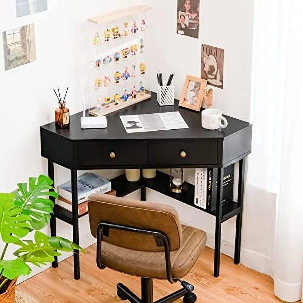 CHUIJN Corner Desk with 2 Drawers  90 Degrees Triangle Corner Computer Desk for Small Space  Bedroom Corner  Vanity Desk with  Shelves & Steel Frame  Space Saving Corner Writing Desk
