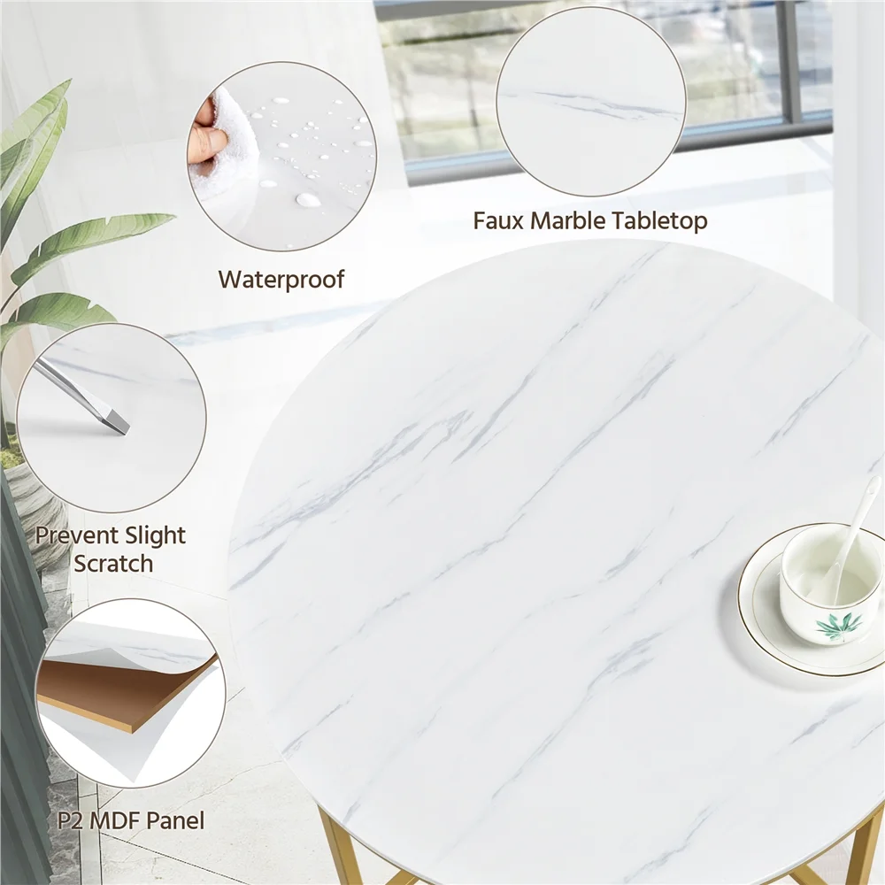 Topeakmart Modern Round Faux Marble Coffee Table with Sturdy Metal Legs, Gold