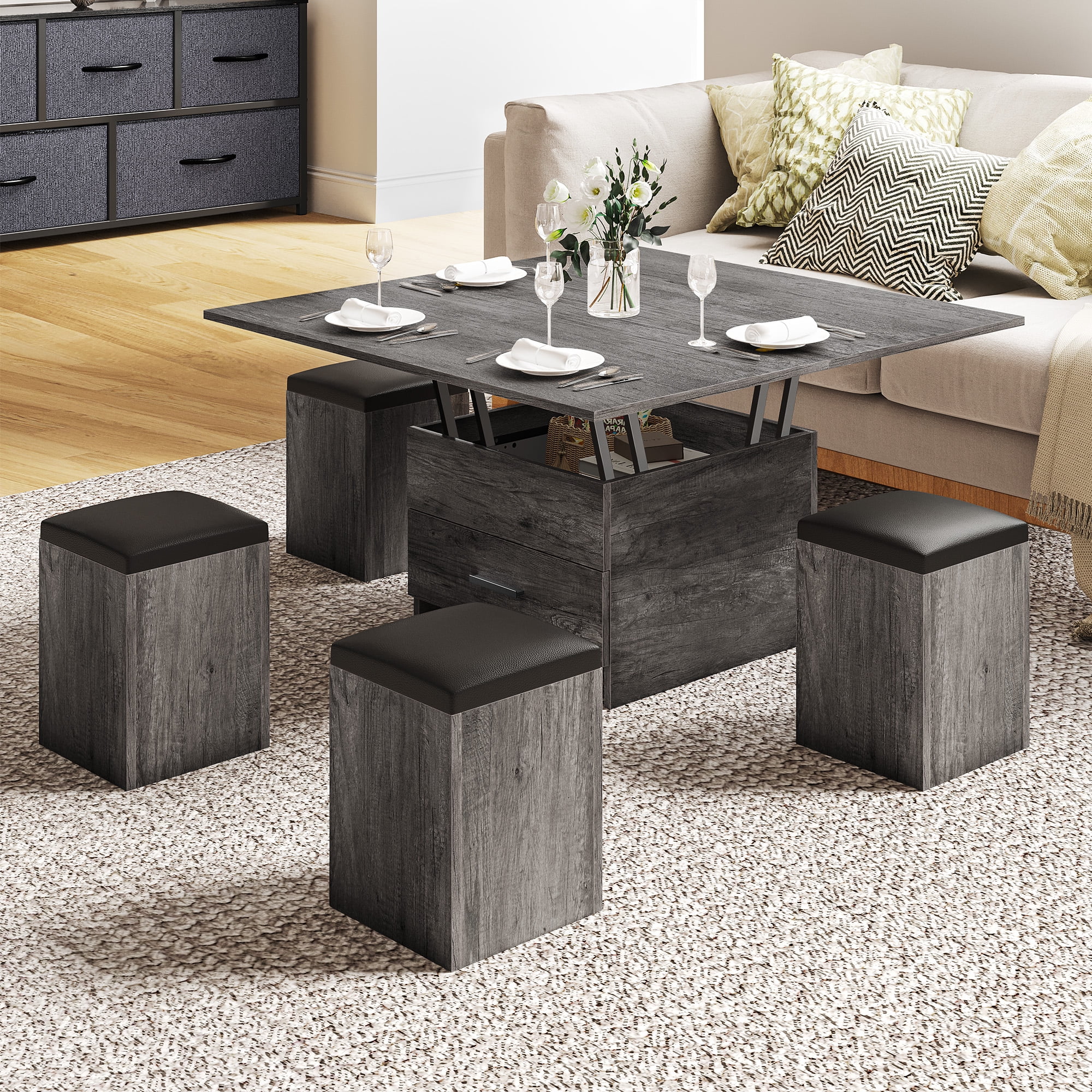 Dextrus Lift Top Extendable Coffee Table, Ingenious Design with 4 Storage Stools, Split Desktop, Concealed Compartment, Sturdy Construction, and Simple Assembly