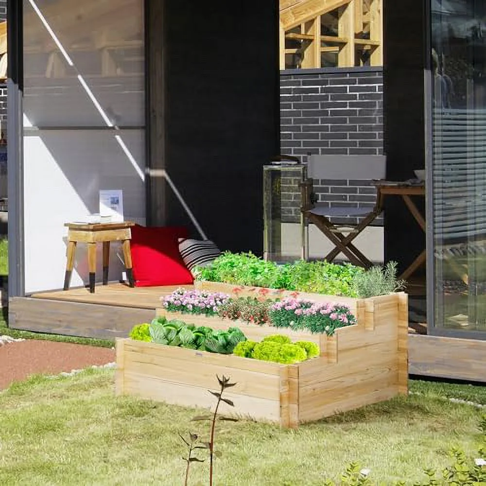 Outsunny 3 Tier Raised Garden Bed with 9 Grow Grids and Bed Liner, Elevated Wooden Planter Kit, Flower Box for Vegetables, Herb Outdoor Indoor Use, 46 x 39 x 21in