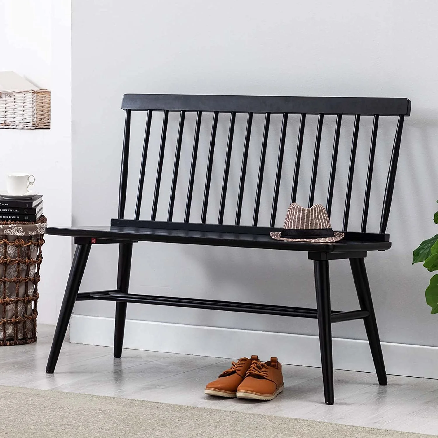 Entryway Bench, Black Dining Bench with Spindle Back Farmhouse Wood Windsor Bench for Foyer Balcony Living Room, Black (Black, Bench)