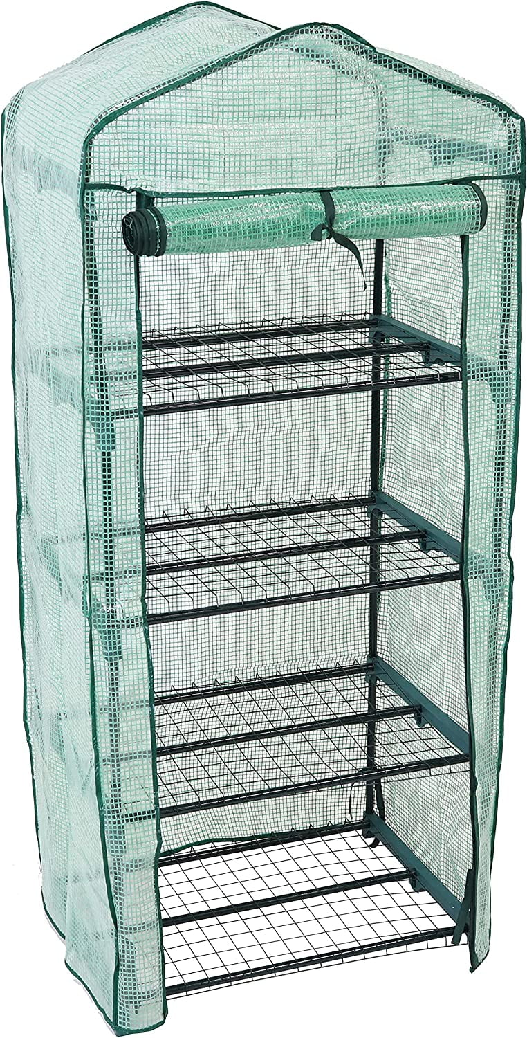4-Tier Mini Greenhouse for Outdoors - Mini Portable Greenhouse with Roll-Up Zippered Door - Iron Tube Frame with 4 Steel Wire Shelves and Polyethylene Cover - Covered Plant Shelter - Green