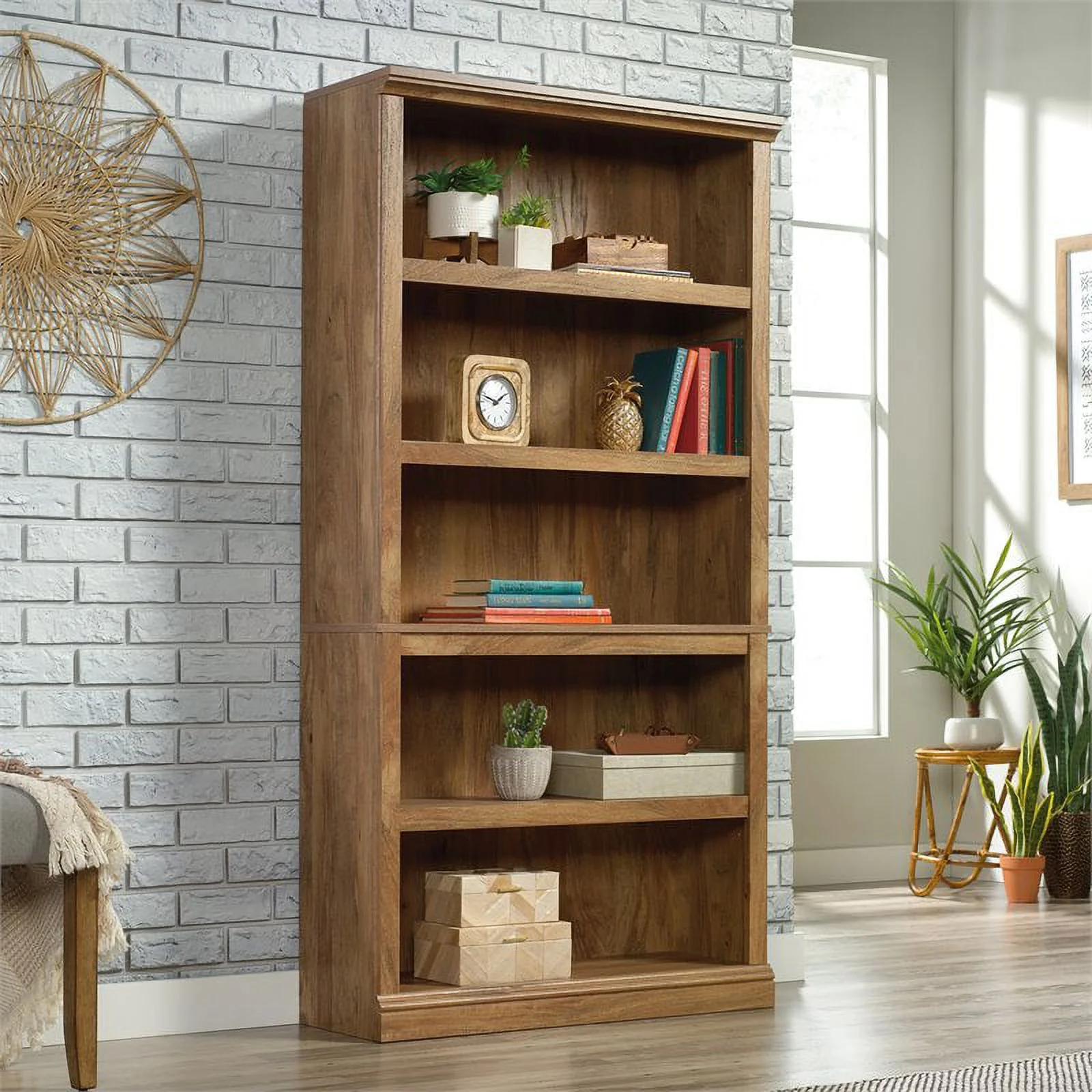 Pemberly Row 5-Shelf Engineered Wood Tall Bookcase in Sindoori Mango/Brown