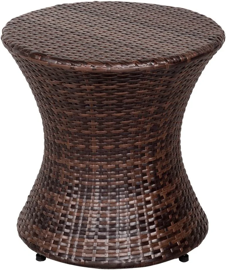 Outdoor Small Side Table, Patio Rattan End Table, 20 Inch Hourglass Wicker Accent Tables, Steel Frame, Lightweight, Brown