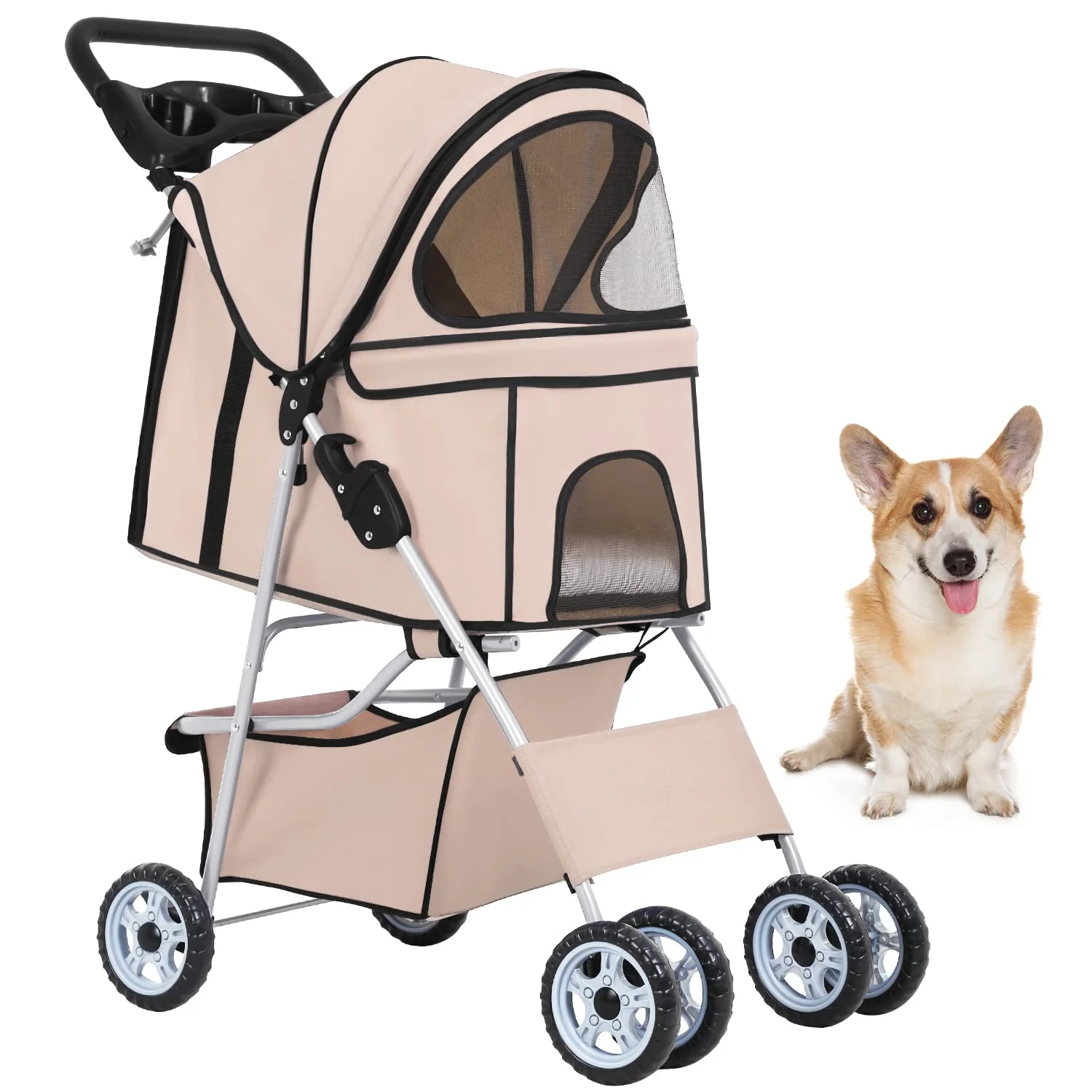 BestPet Pet Stroller Cat Dog Cage Stroller Travel Folding Carrier,Beige