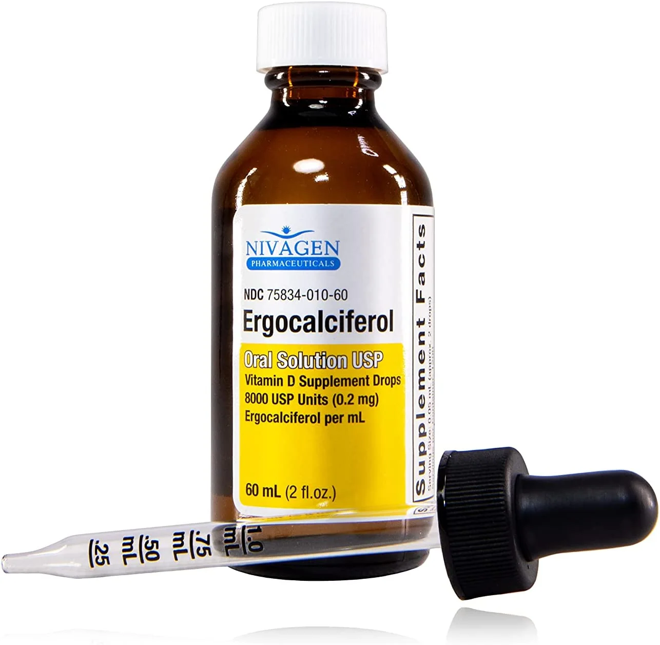 Vitamin D2 Liquid Drops as Ergocalciferol, Faster Absorption, 400iu Vitamin D2 8,000 USP, 1,200 Servings, 60ml - 2 fl.oz.