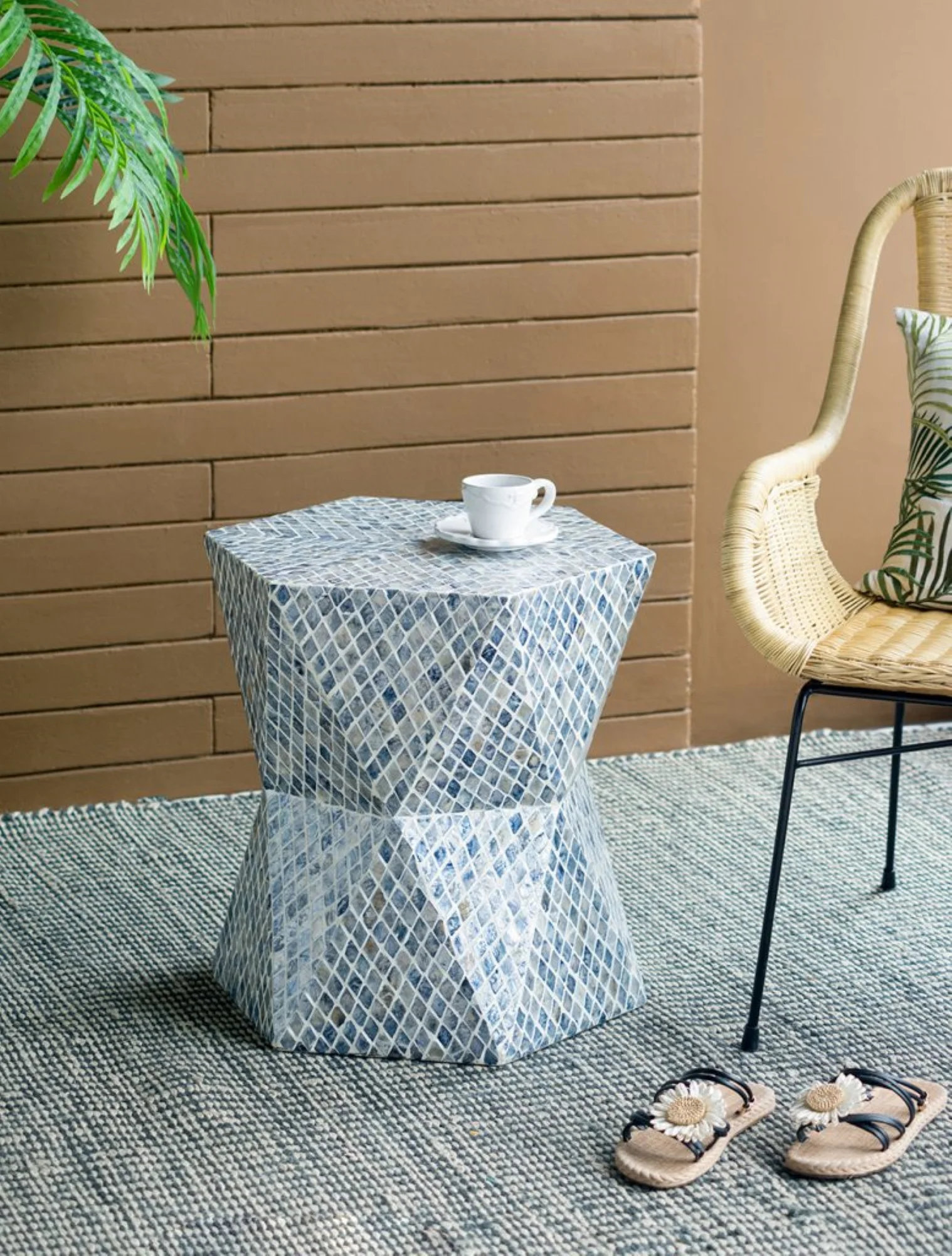 CC Home Furnishings Geometric Capiz Shell Inlay Accent Stool - 19.75